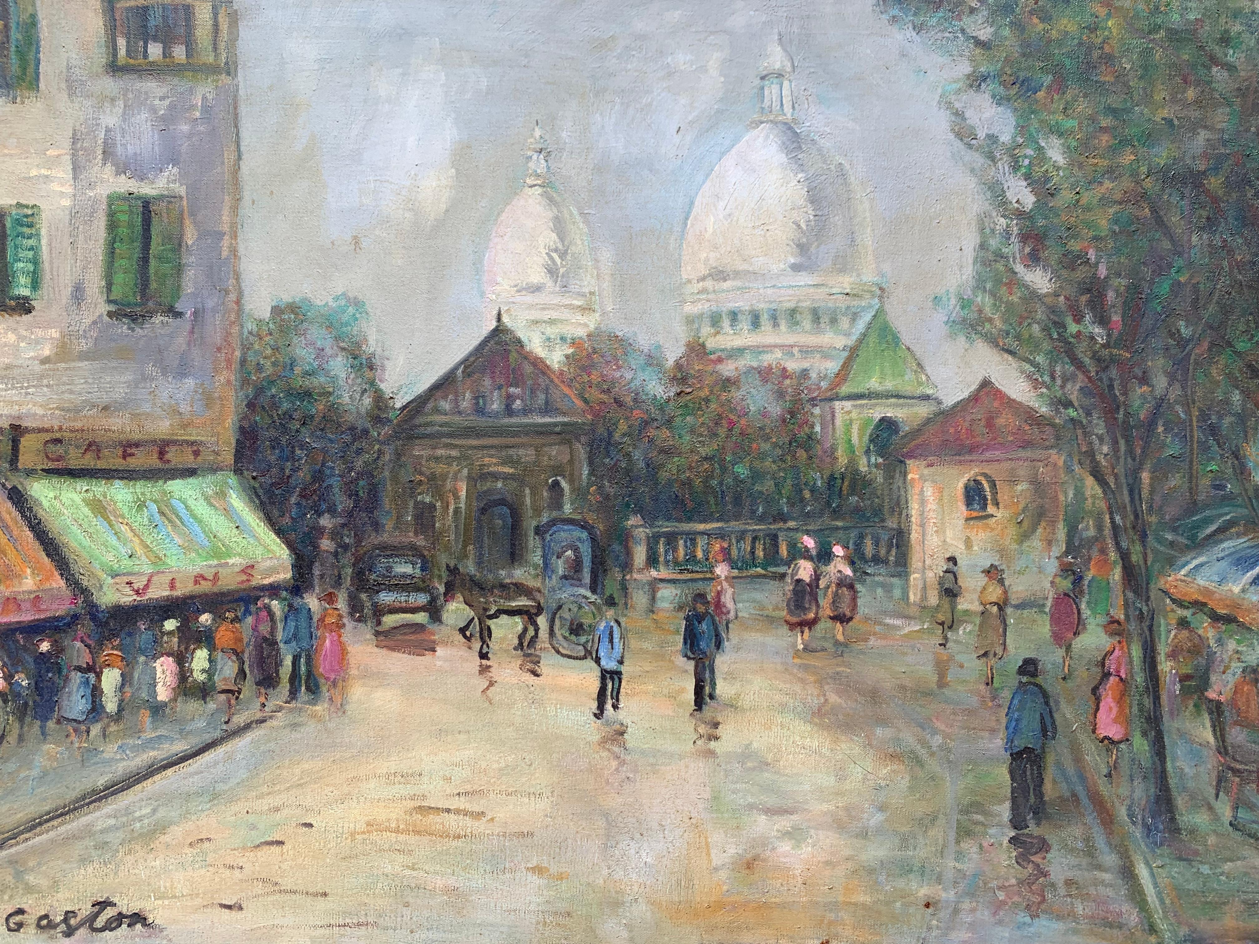 Artista francese J.Gaston Grande dipinto a olio su tela Parigi, Veduta di Montmartre 1