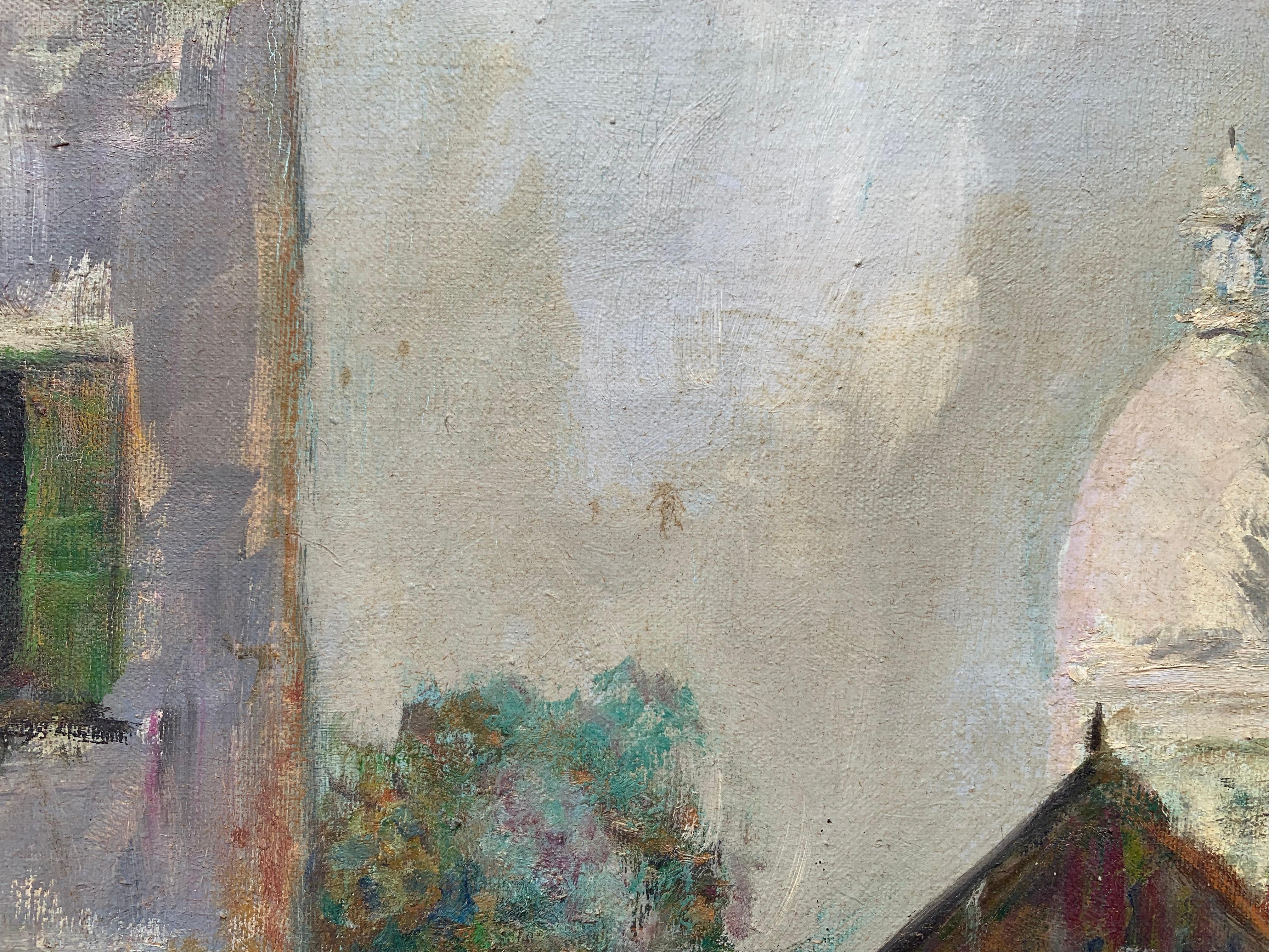 Artista francese J.Gaston Grande dipinto a olio su tela Parigi, Veduta di Montmartre 7