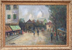 Vintage French Artist J.Gaston Large oil painting on canvas Paris, View of Montmartre