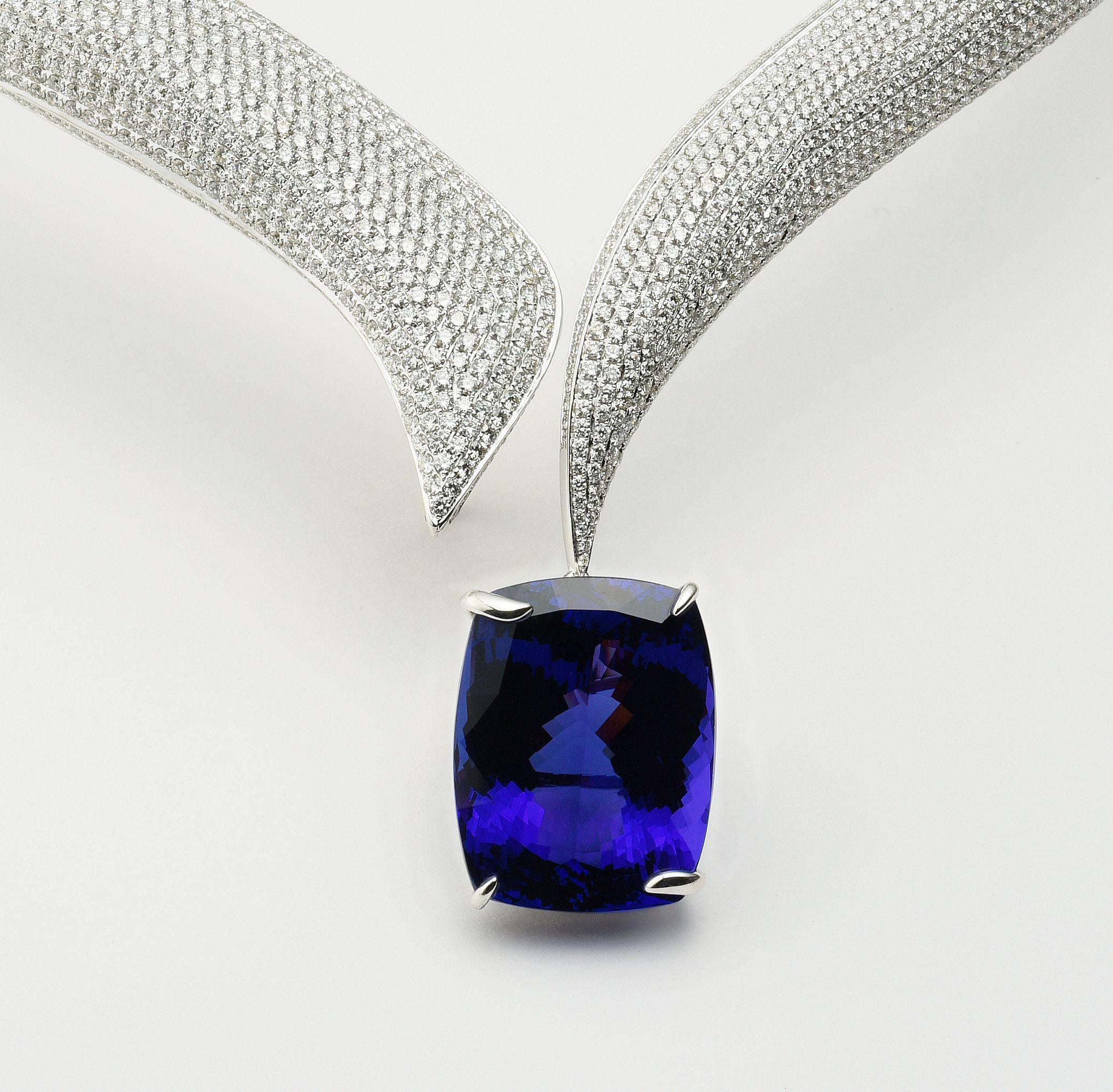 Tanzanite is one of the rarest gemstones on earth and one of the most undervalued relative to its rarity.  
This rare 70.88 Carats Natural Tanzanite with 70.02 carats diamond necklace is one of a kind that we offer.