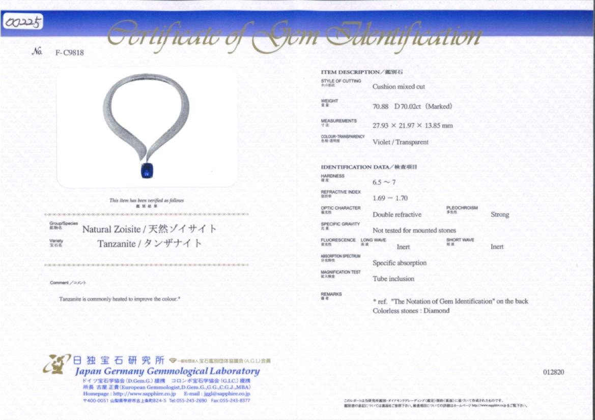 Cushion Cut JGG Certified 70.88 Carats Tanzanite Necklace  For Sale
