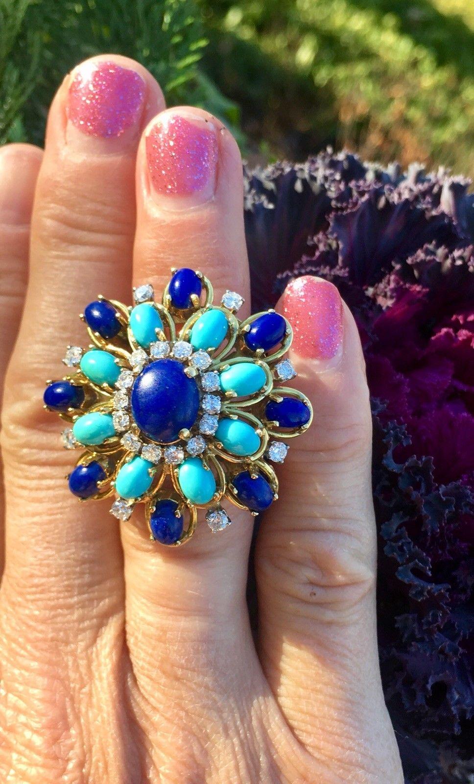 Stunning designer JGJLRY 1960's-70's vintage estate diamond, turquoise and lapis cocktail statement ring is a stunning example of retro mid-century style.  

The ring is a size 5 and may be professional resized.

This impressive 18K yellow gold