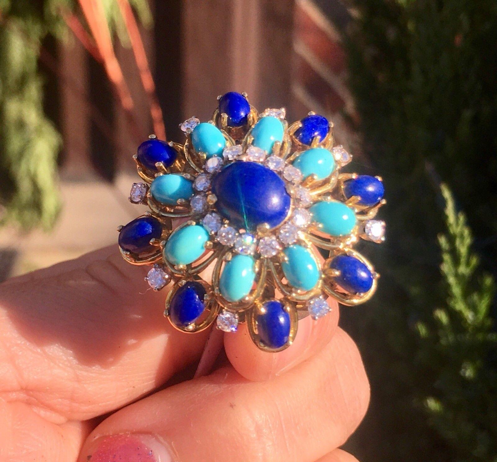JGJLRY Estate Lapis Turquoise VS Diamond Statement Cocktail Statement Ring In Excellent Condition In Shaker Heights, OH
