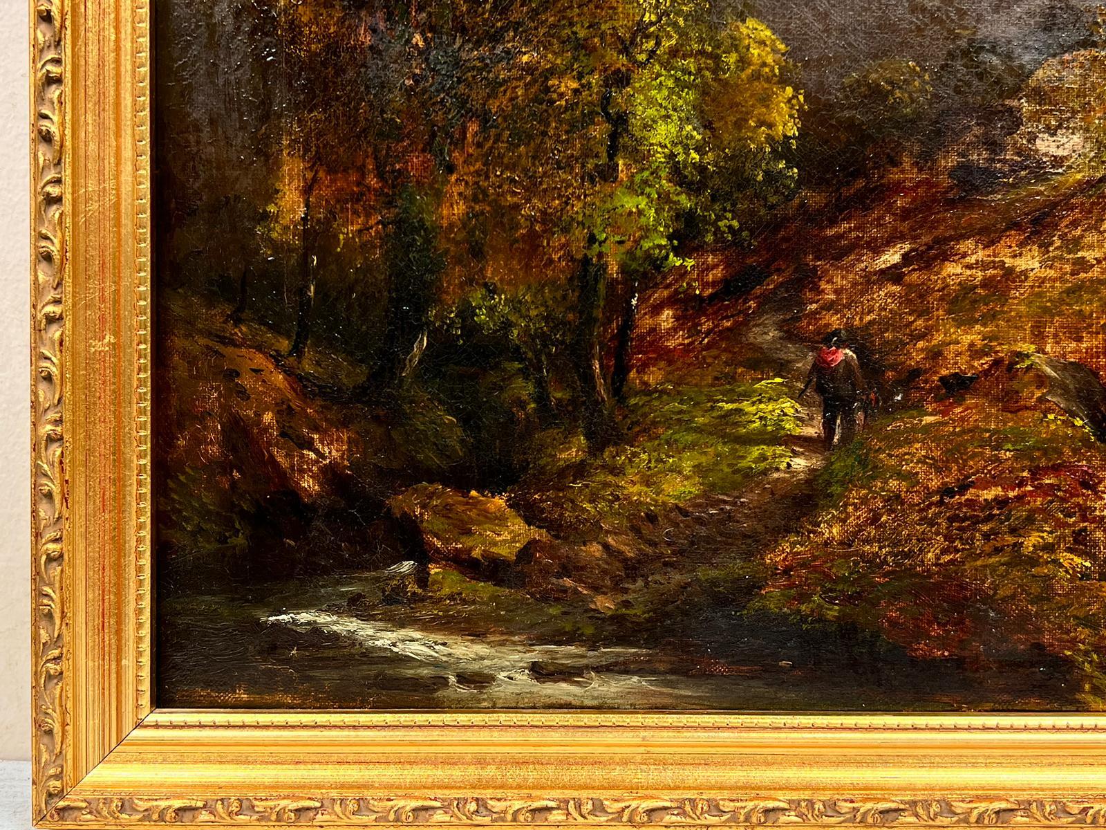 Pittura a olio vittoriana Paesaggio delle Highlands scozzesi con figura di ruscello e pecore - Painting di J.Green