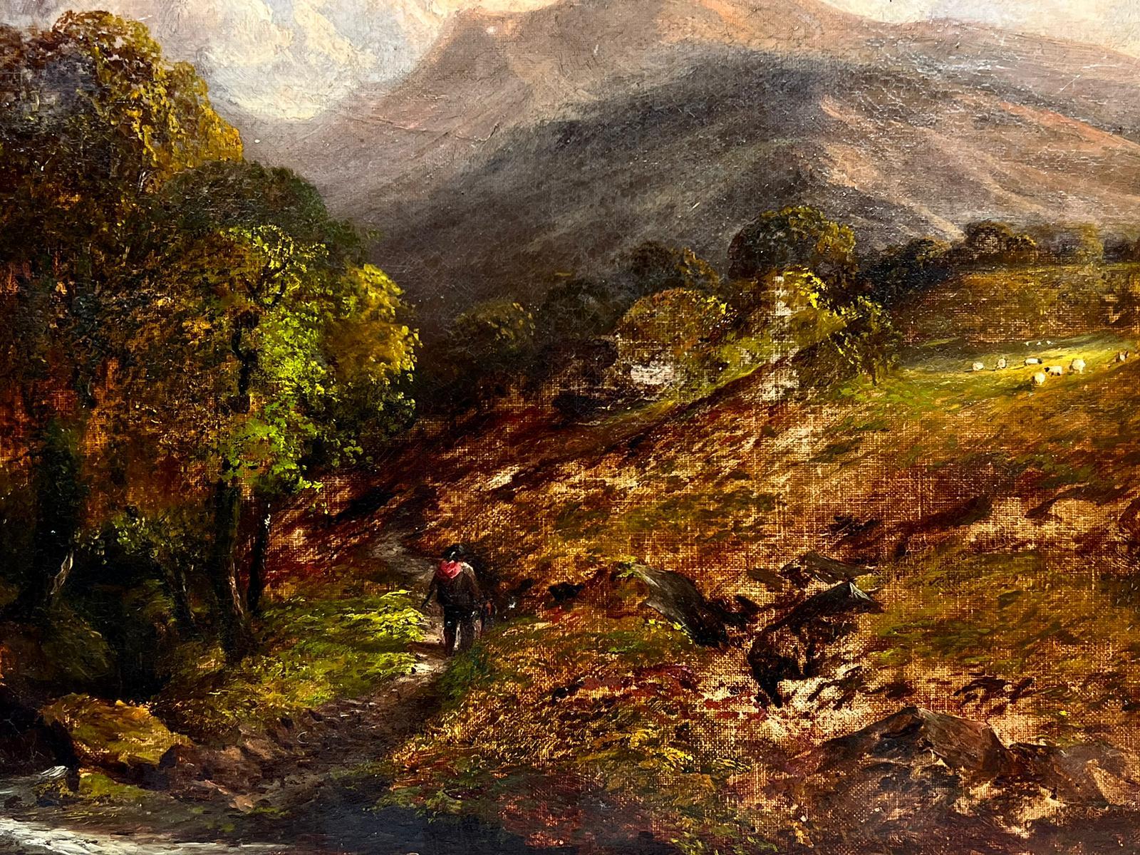 Victorian Oil Painting Scottish Highland Landscape Figure by Stream & Sheep For Sale 1