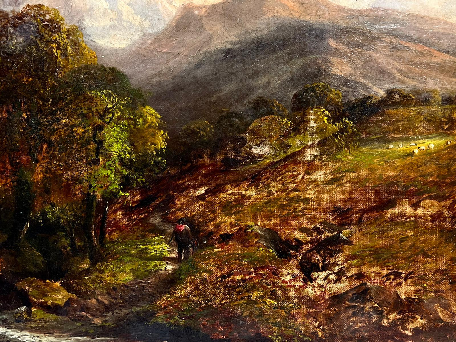 Pittura a olio vittoriana Paesaggio delle Highlands scozzesi con figura di ruscello e pecore - Painting Vittoriano di J.Green