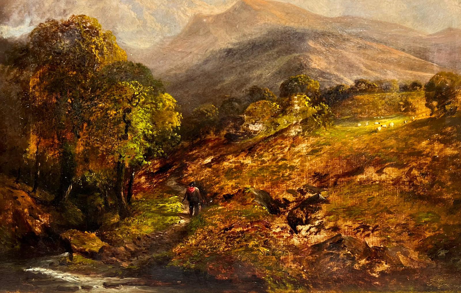 Victorian Oil Painting Scottish Highland Landscape Figure by Stream & Sheep For Sale 2