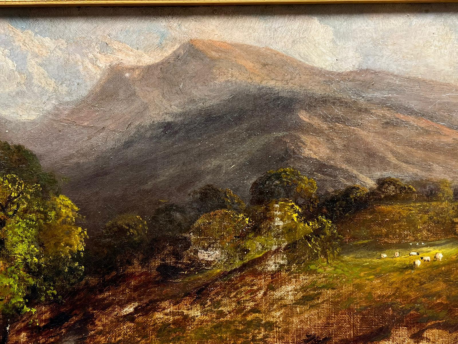 Victorian Oil Painting Scottish Highland Landscape Figure by Stream & Sheep For Sale 3