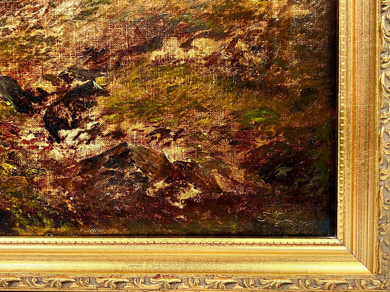 Peinture à l'huile victorienne - Figure de paysage écossais des Highlands par Stream & Sheep en vente 2