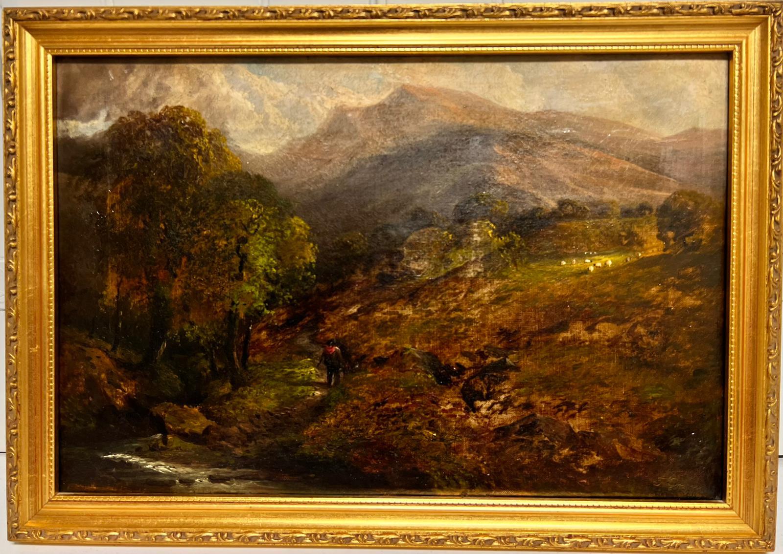 J.Green Figurative Painting - Victorian Oil Painting Scottish Highland Landscape Figure by Stream & Sheep