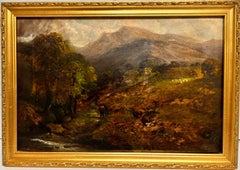 Victorian Oil Painting Scottish Highland Landscape Figure by Stream & Sheep