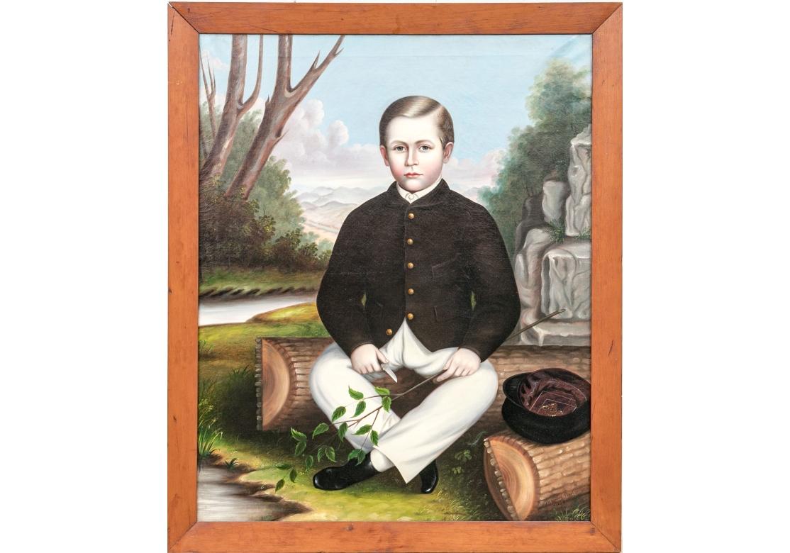 Oil on canvas portraits of a Victorian boy and girl set against an outdoor landscape..
The boy in nicely tailored attire of white pants and black jacket with brass buttons. His cap neatly placed on the adjacent log as he prepares to whittle the