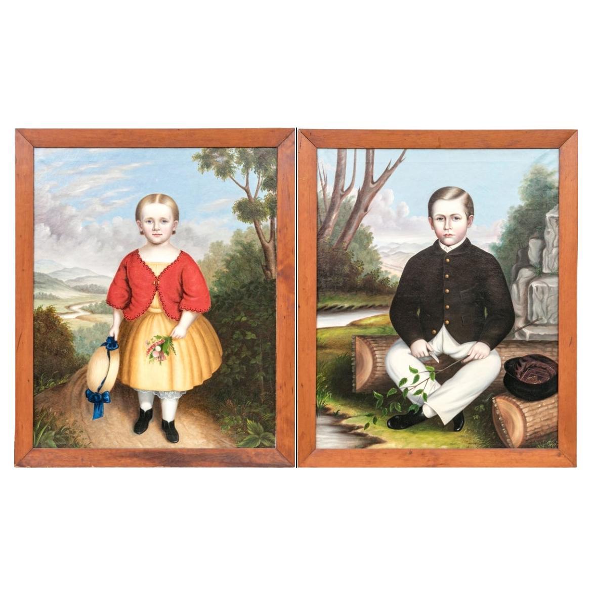 J.H. Keeley (19th Century) Oil On Canvas Portraits Of A Victorian Boy & Girl For Sale