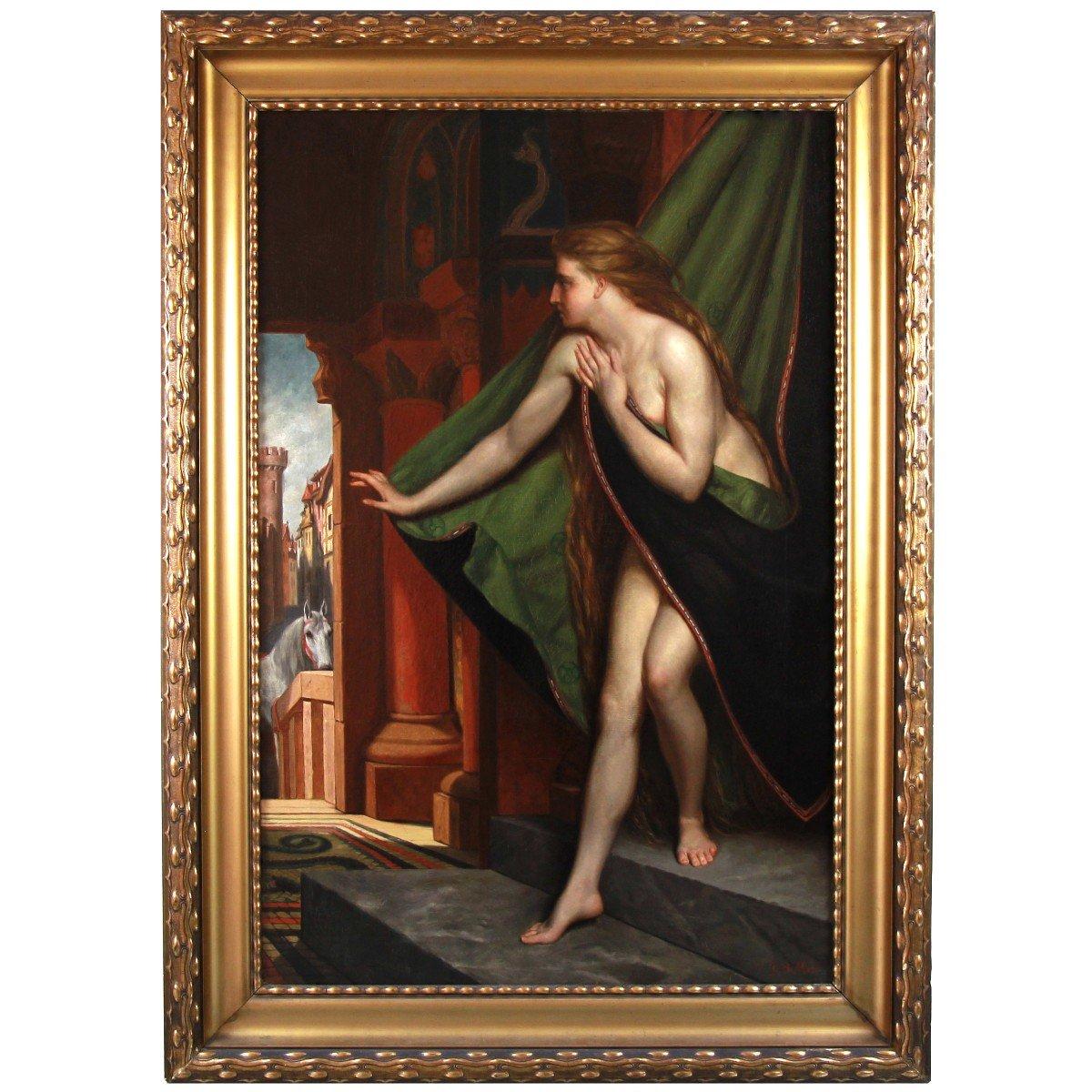  JH Mols Figurative Painting - Oil on canvas nude " Lady Godiva " late 19th century Flemish school