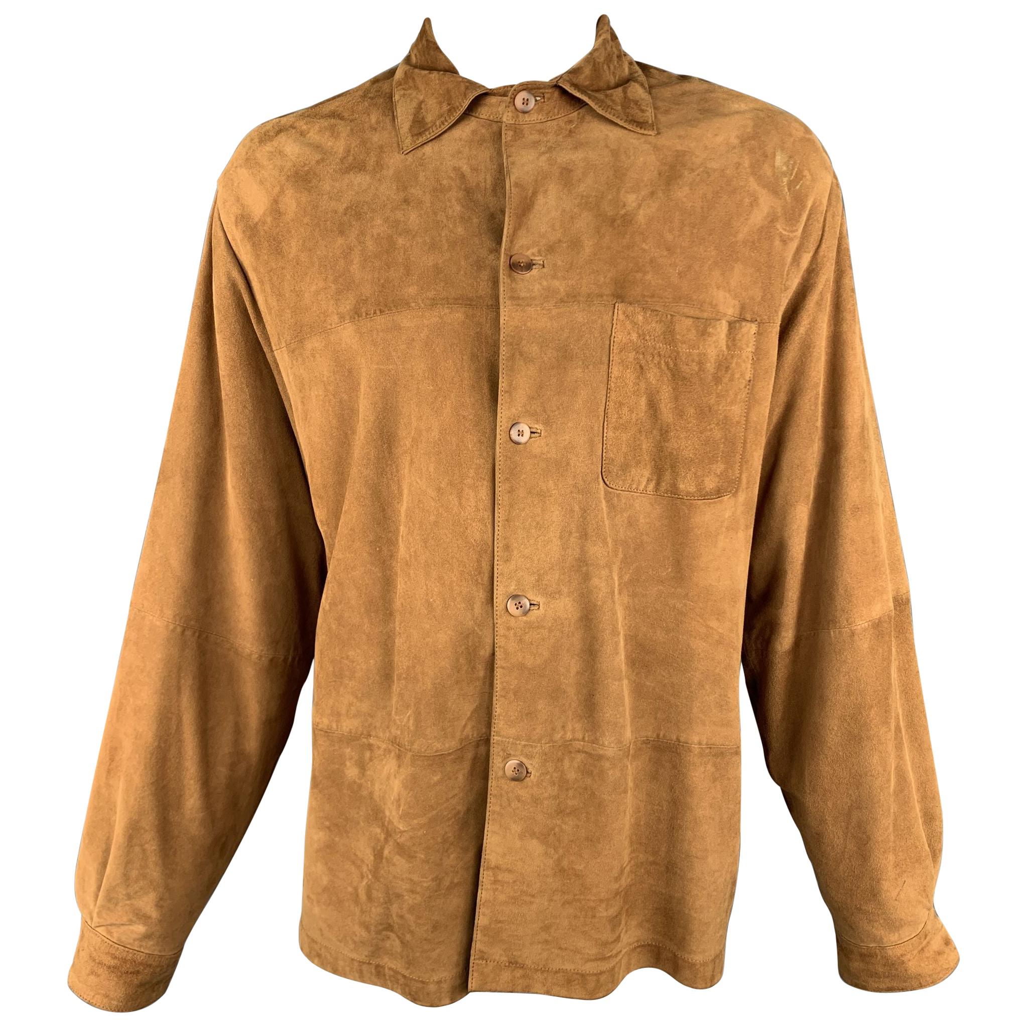 JHANE BARNES 44 Tan Solid Suede Leather Oversized Shirt Jacket