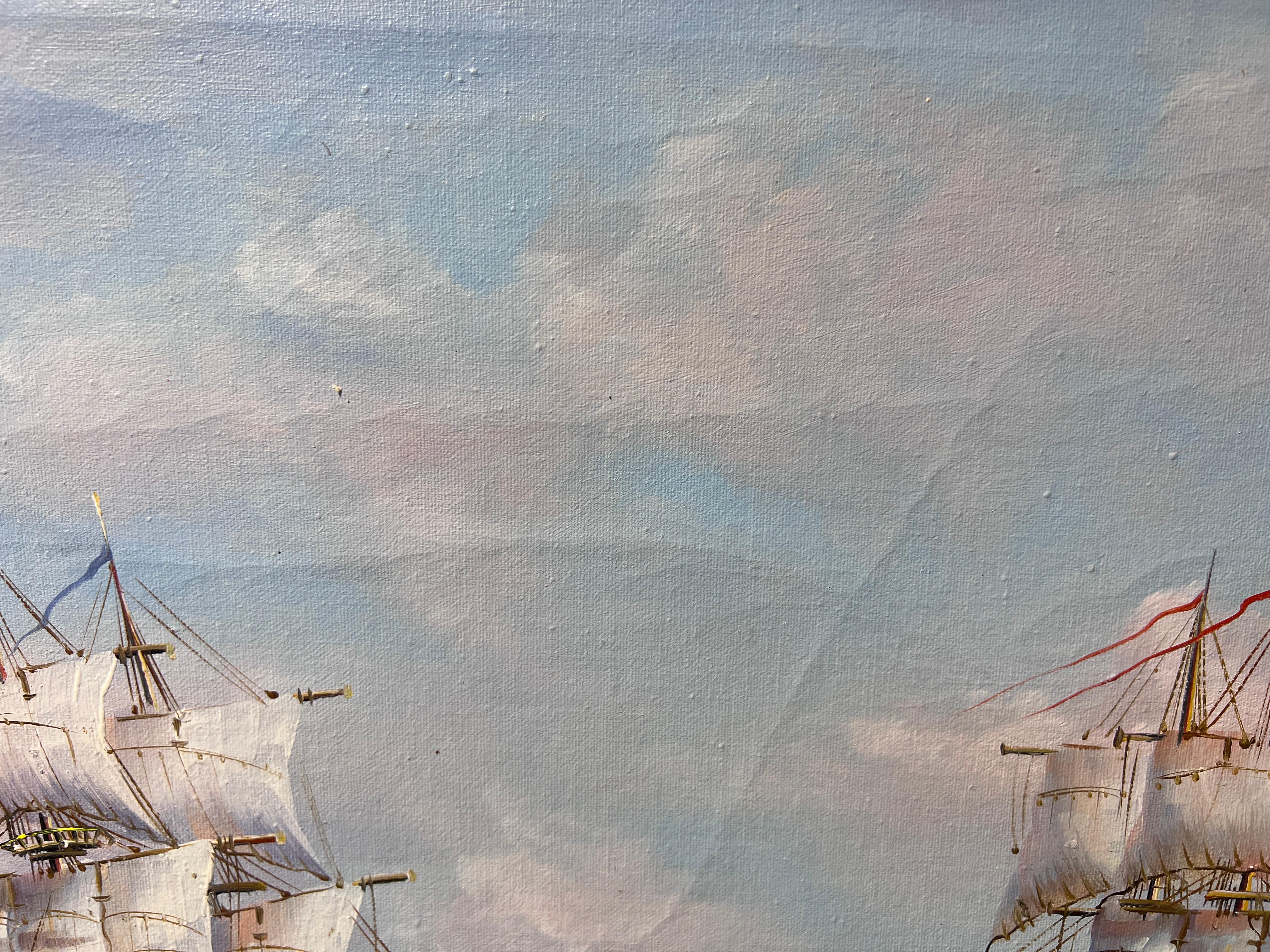 J.Harvey Large Oil painting on canvas, SHIPS BATTLE AT SEA, Signed, Framed 6