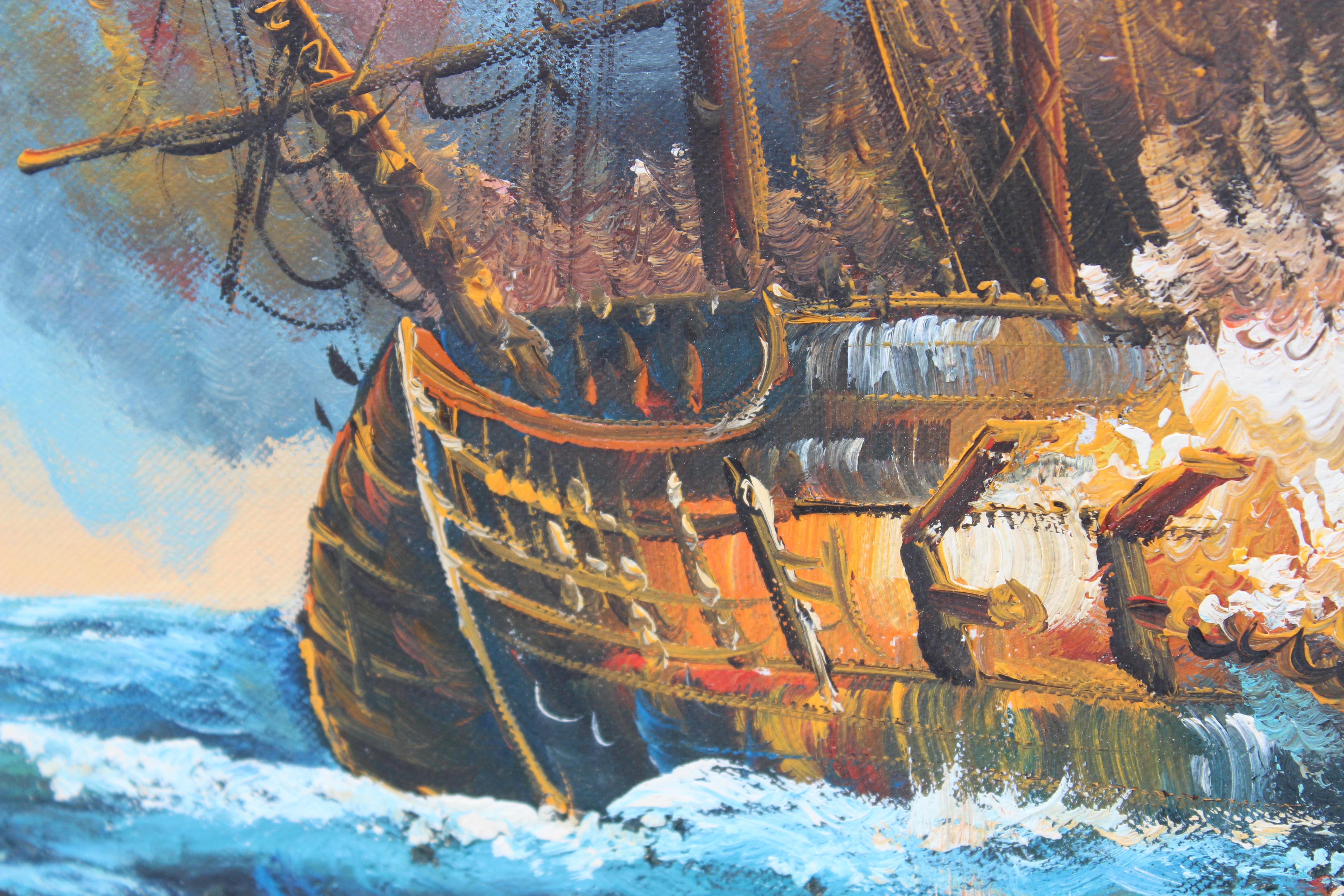J.Harvey Gran cuadro al óleo sobre lienzo, BARCOS EN BATALLA EN EL MAR, Firmado, Enmarcado en venta 9