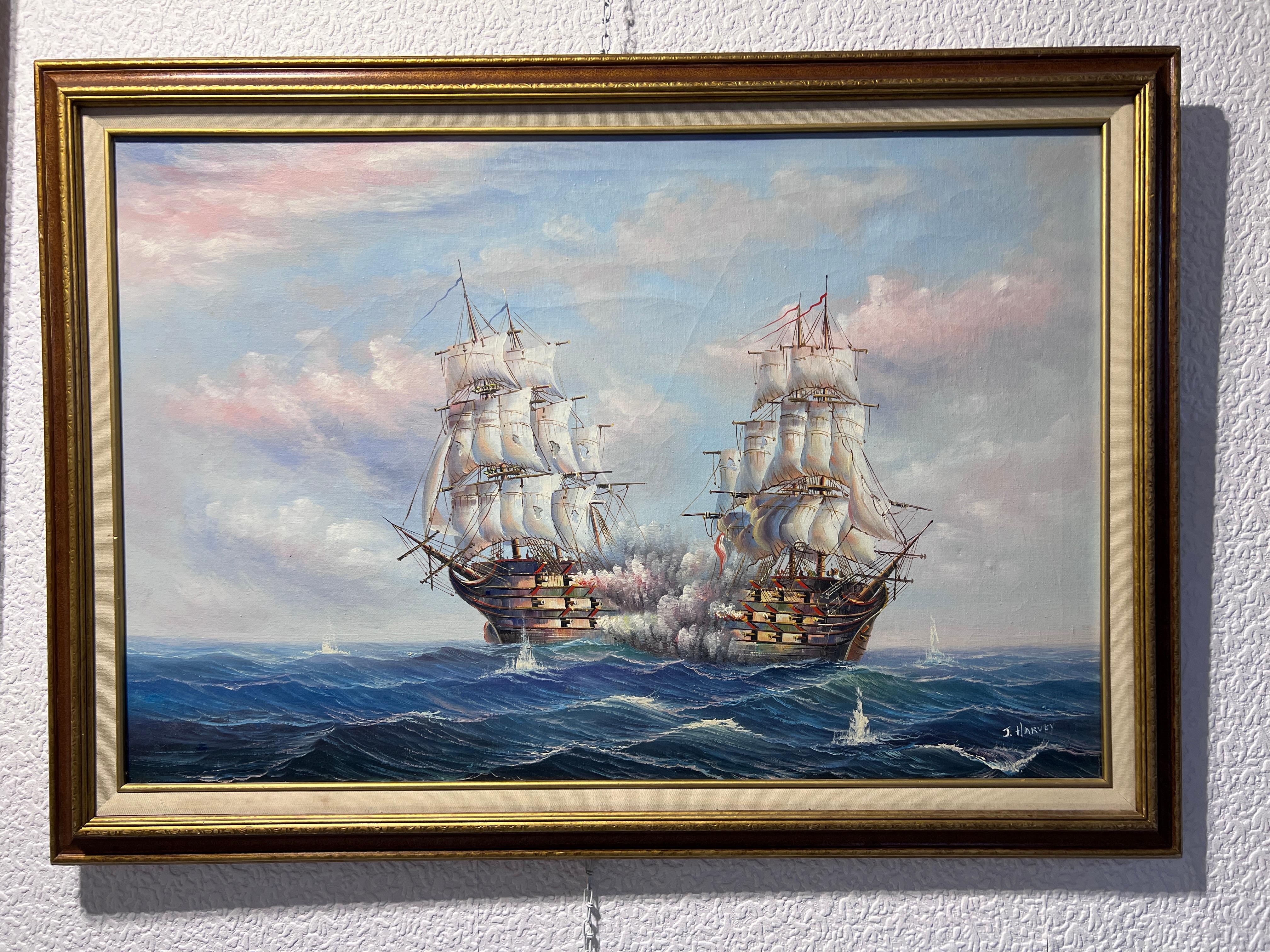 J.Harvey Large Oil painting on canvas, SHIPS BATTLE AT SEA, Signed, Framed 8