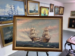 J.Harvey Large Oil painting on canvas, SHIPS BATTLE AT SEA, Signed, Framed