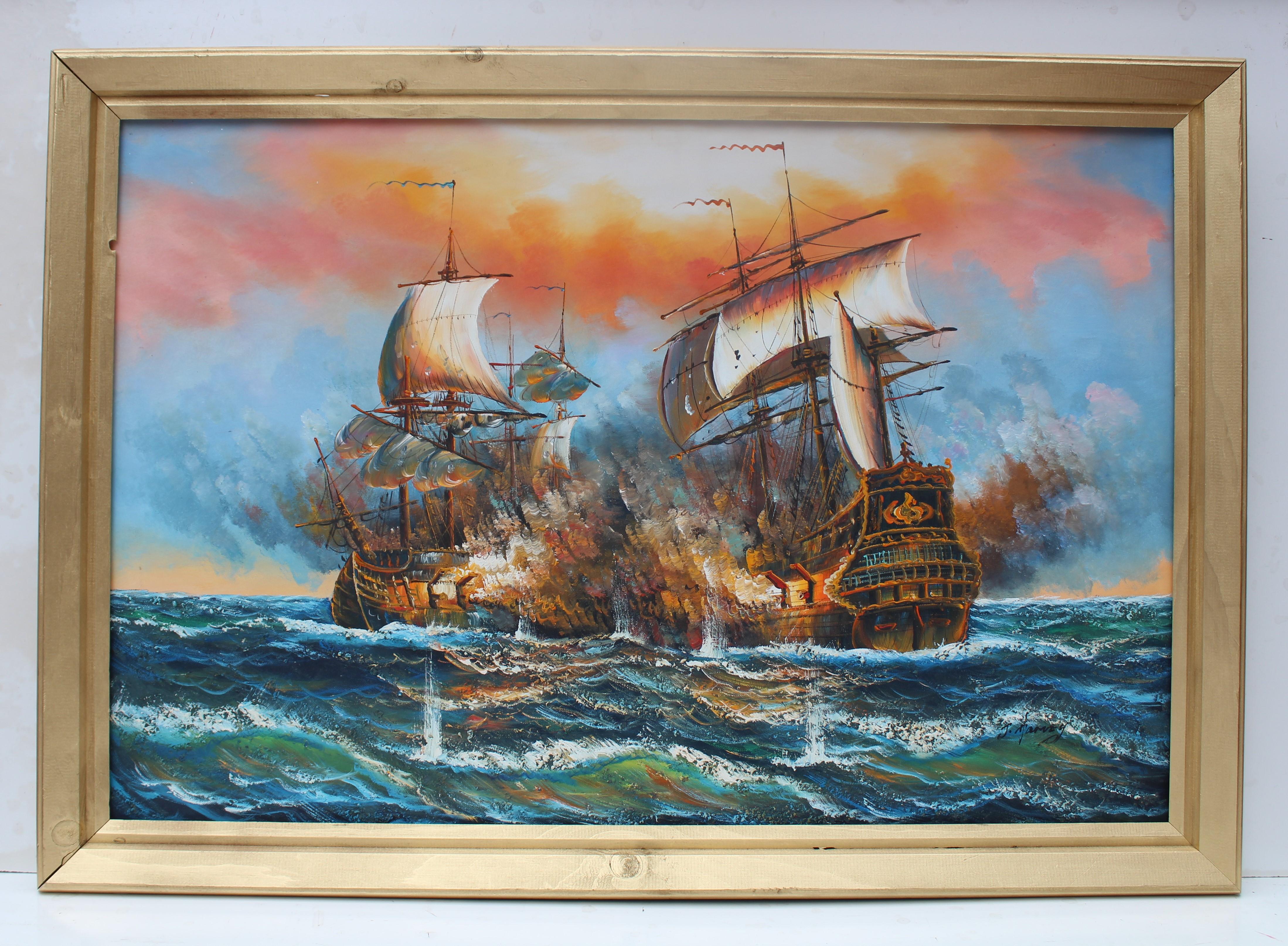 J.Harvey Gran cuadro al óleo sobre lienzo, BARCOS EN BATALLA EN EL MAR, Firmado, Enmarcado en venta 1