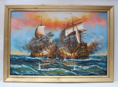 J.Harvey Large Oil painting on canvas, SHIPS BATTLE AT SEA, Signed, Framed