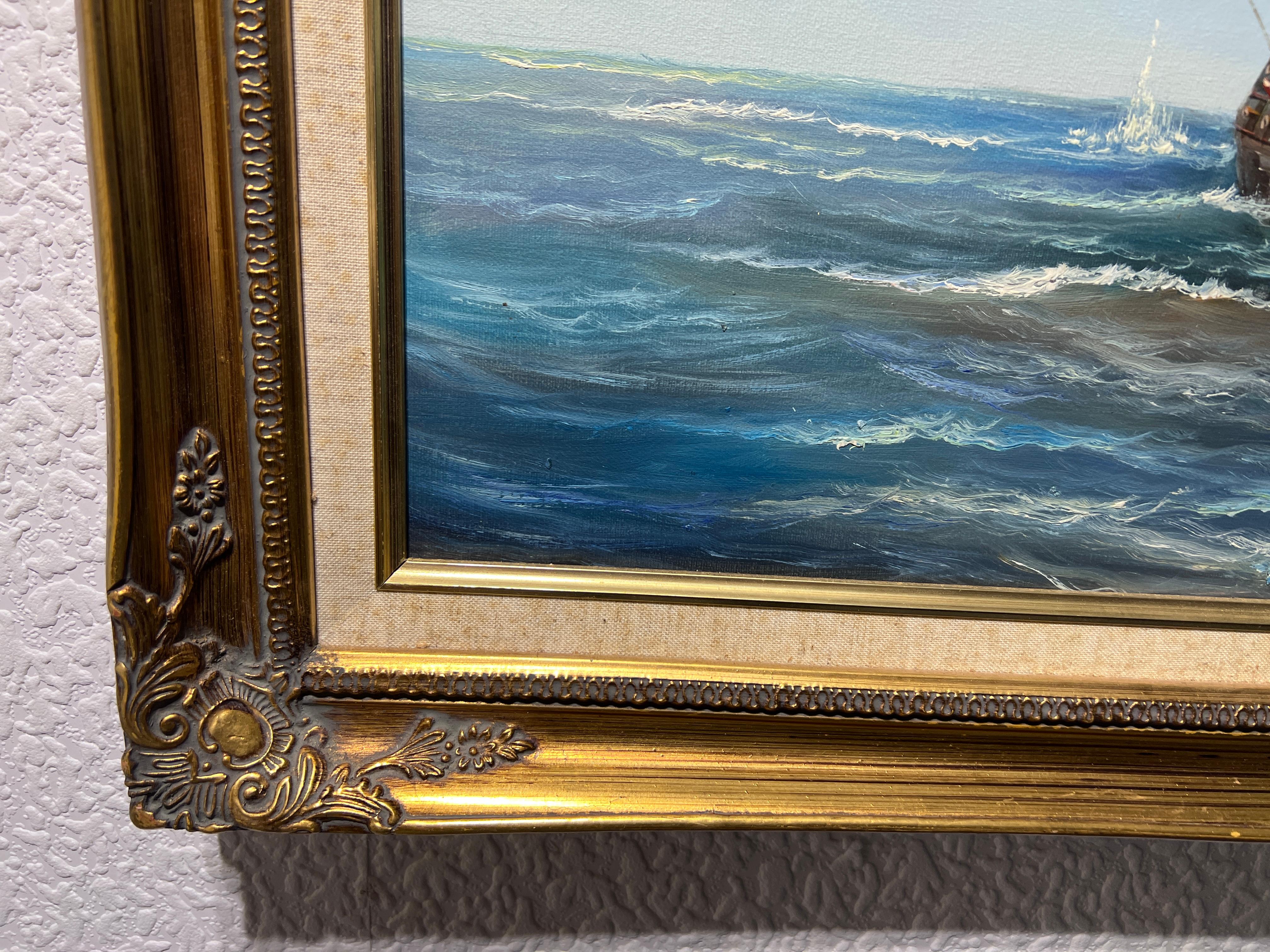 This is an Original Large signed Oil painting on canvas depicting two ships battling for glory. 

It is an unusual maritime scene that makes this painting very spectacular. 

Please see the photos, they are part of the description. 

Framed