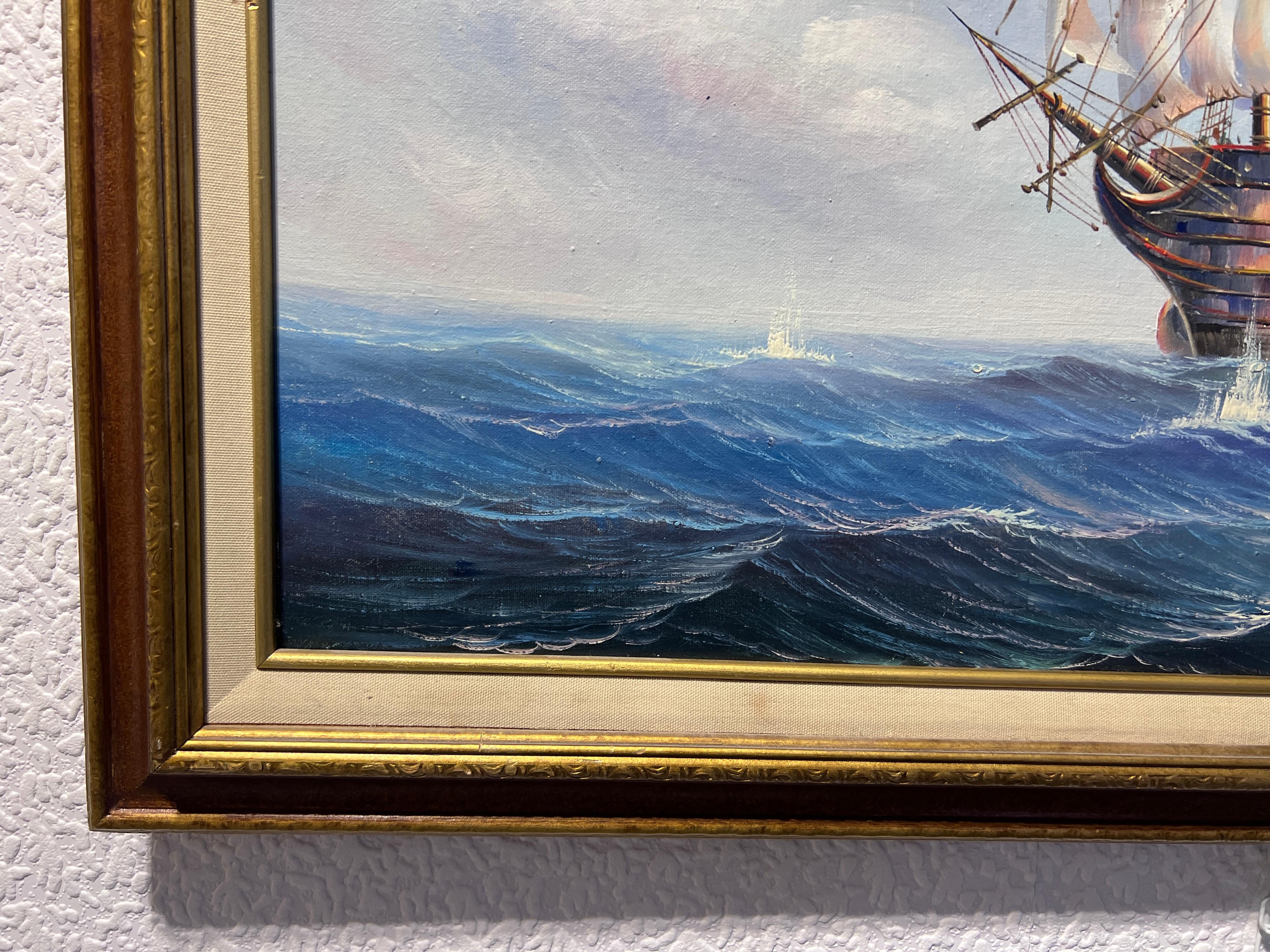 This is an Original Large signed Oil painting on canvas depicting two ships battling for glory. 

It is an unusual maritime scene that makes this painting very spectacular. 

Please see the photos, they are part of the description. 

Framed