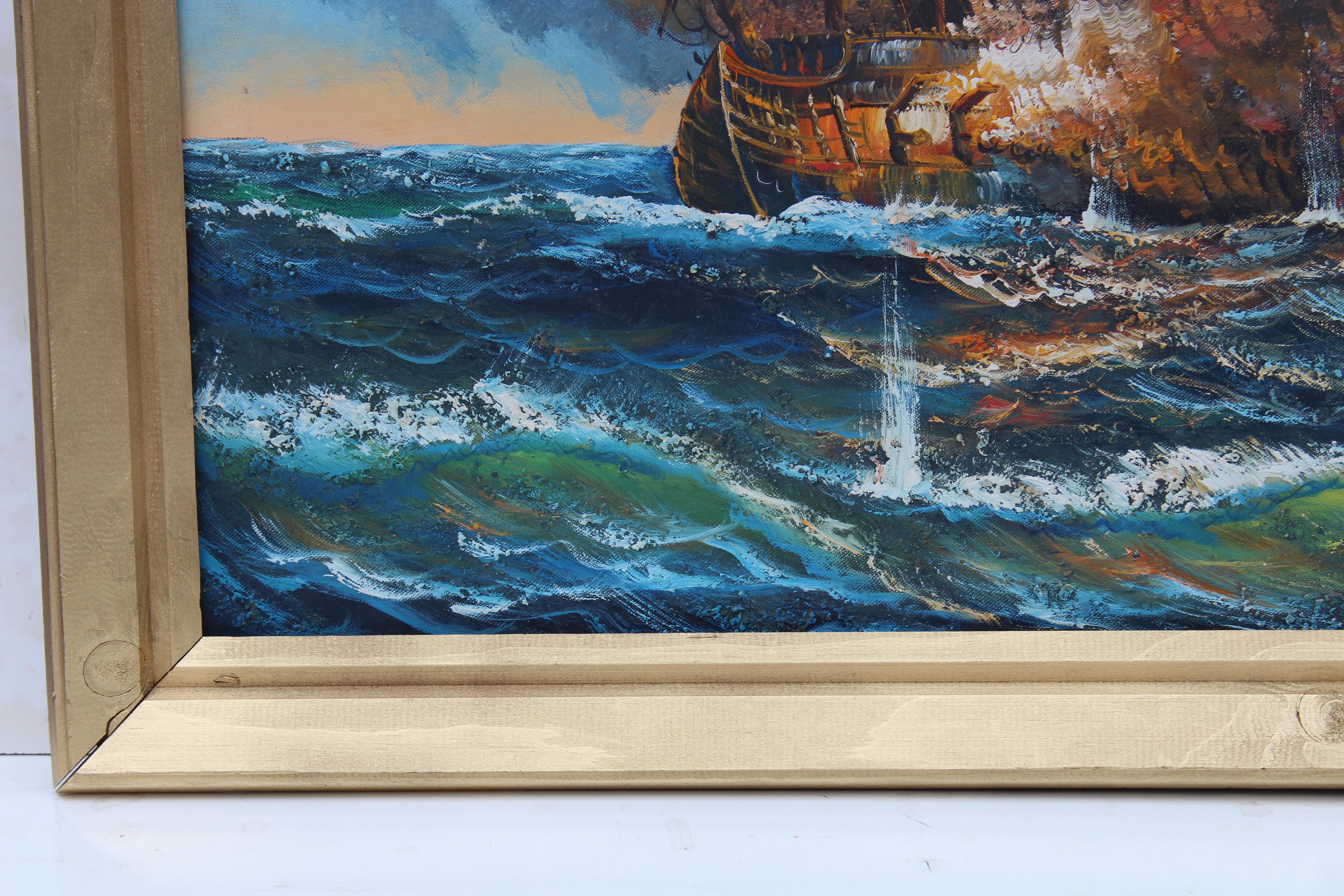 J.Harvey Gran cuadro al óleo sobre lienzo, BARCOS EN BATALLA EN EL MAR, Firmado, Enmarcado en venta 3