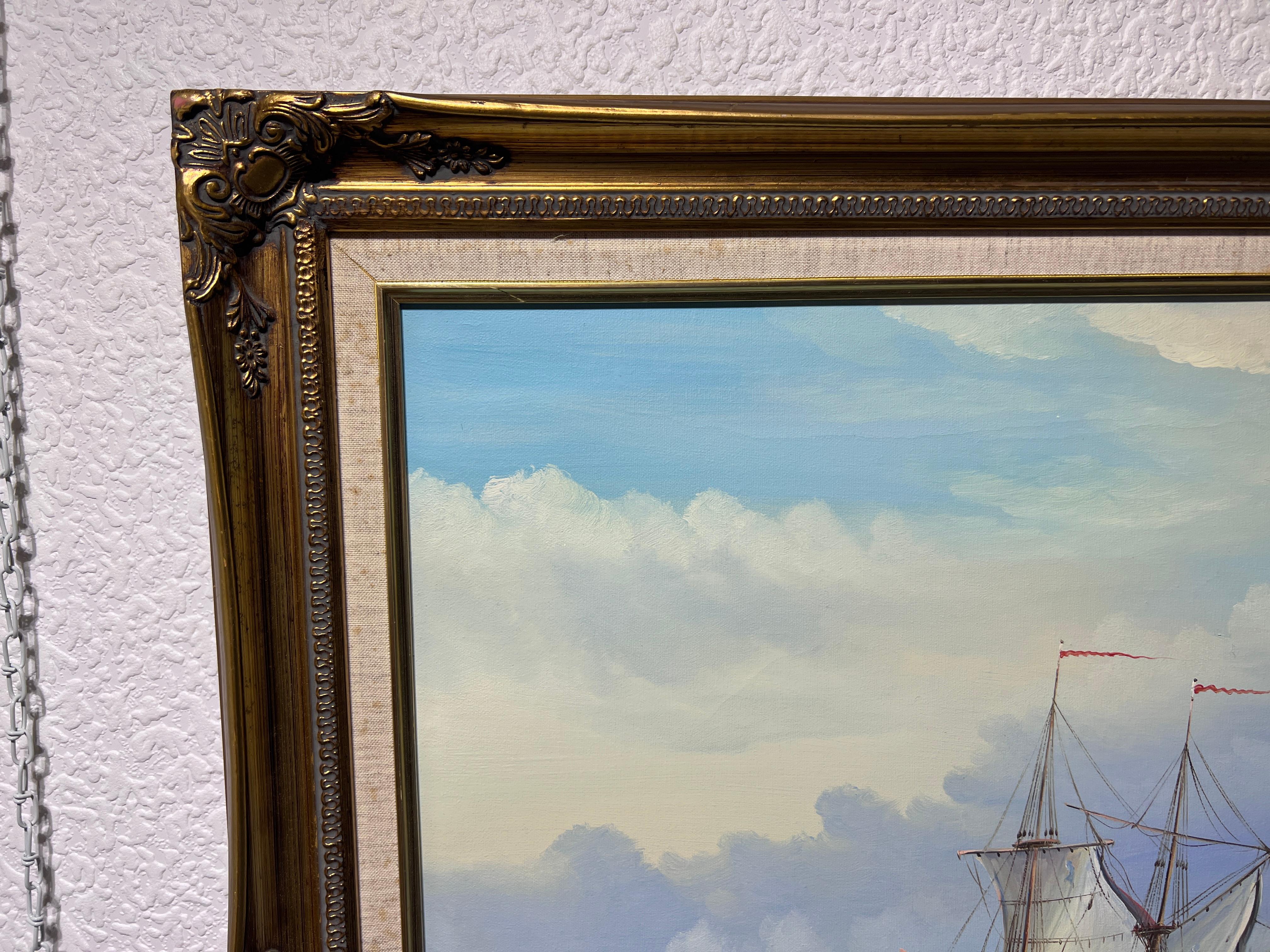 J.Harvey Large Oil painting on canvas, SHIPS BATTLE AT SEA, Signed, Framed For Sale 1