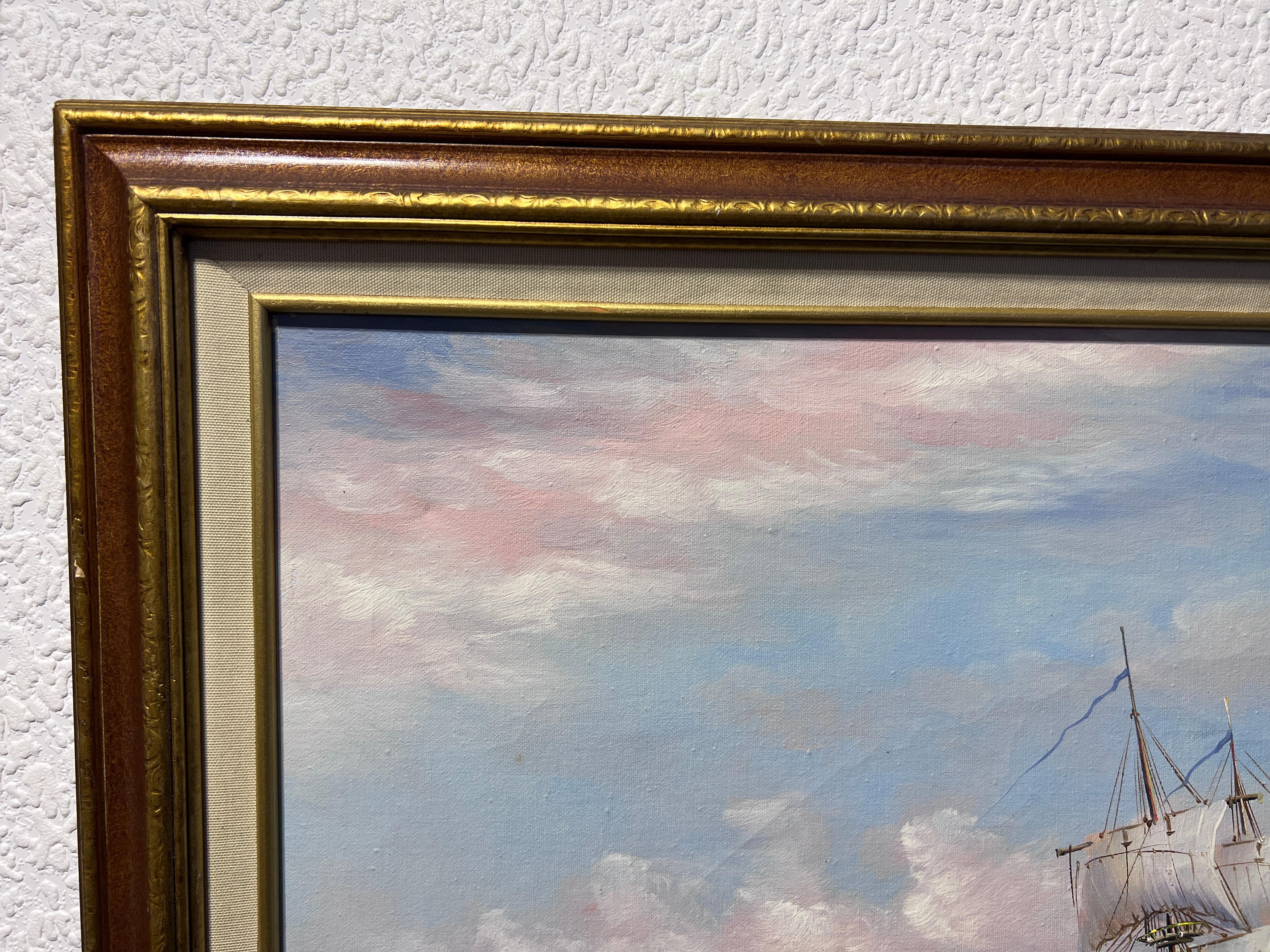 J.Harvey Large Oil painting on canvas, SHIPS BATTLE AT SEA, Signed, Framed 1