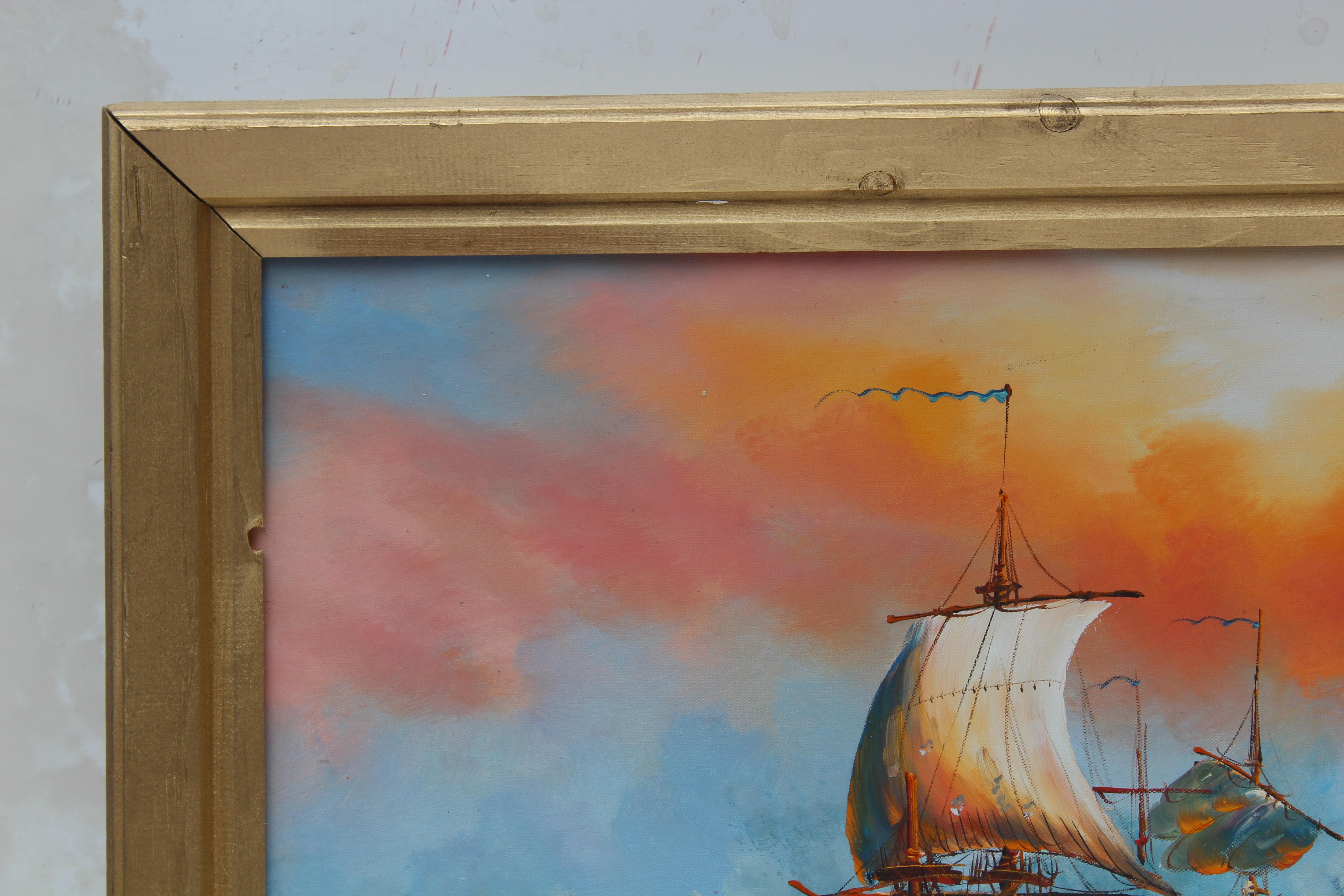 J.Harvey Gran cuadro al óleo sobre lienzo, BARCOS EN BATALLA EN EL MAR, Firmado, Enmarcado en venta 4