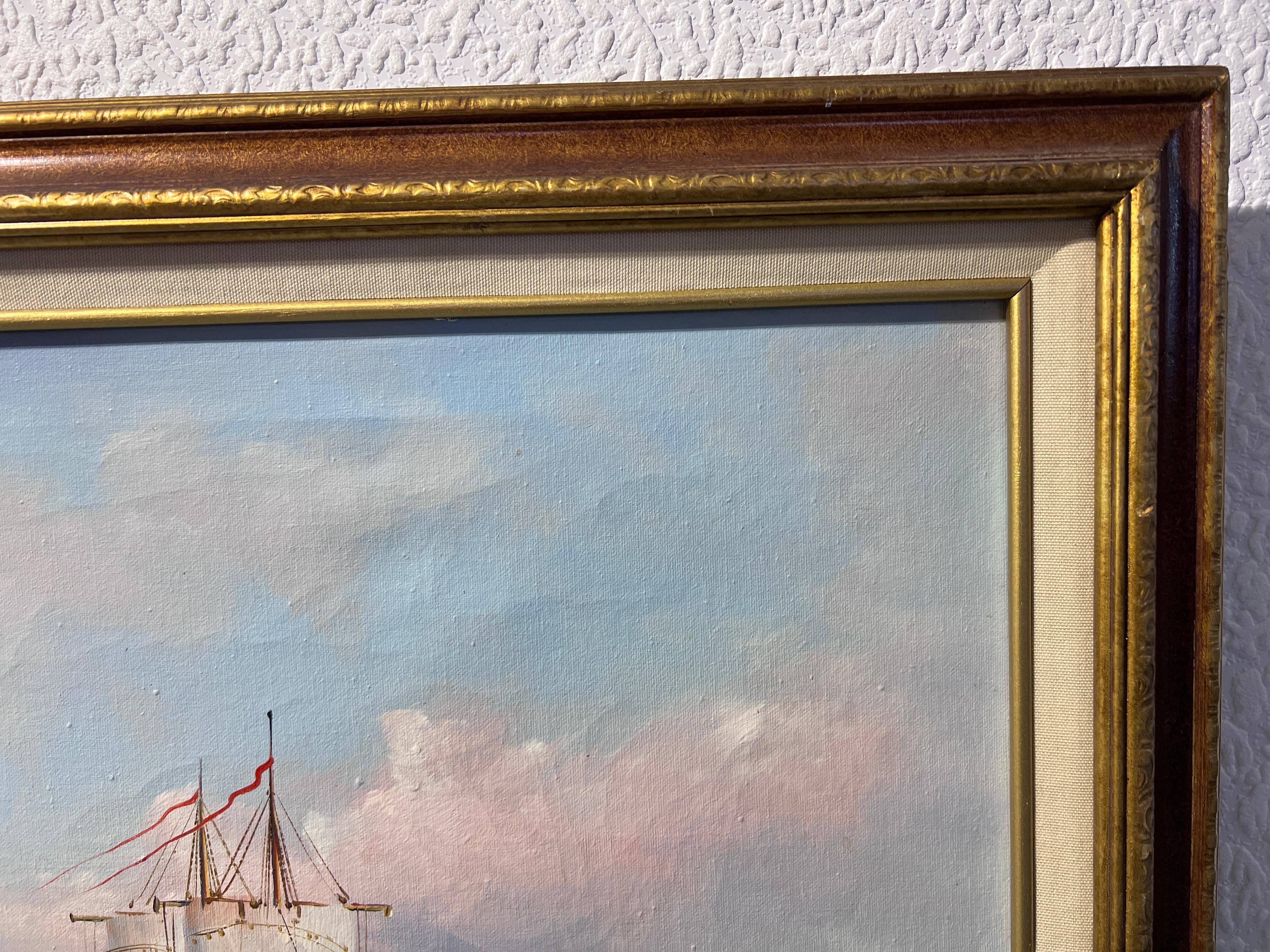 J.Harvey Large Oil painting on canvas, SHIPS BATTLE AT SEA, Signed, Framed 2