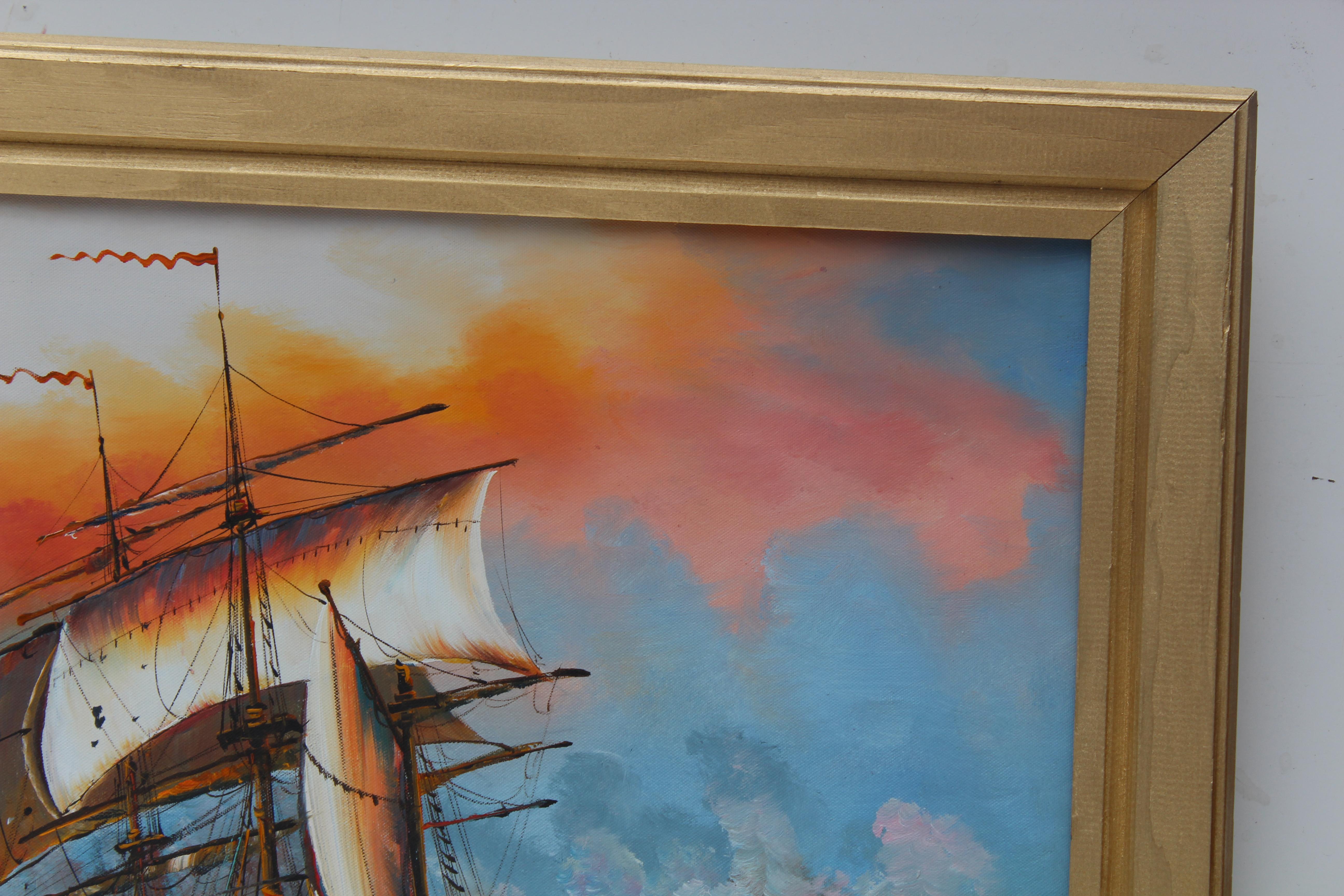 J.Harvey Gran cuadro al óleo sobre lienzo, BARCOS EN BATALLA EN EL MAR, Firmado, Enmarcado en venta 5