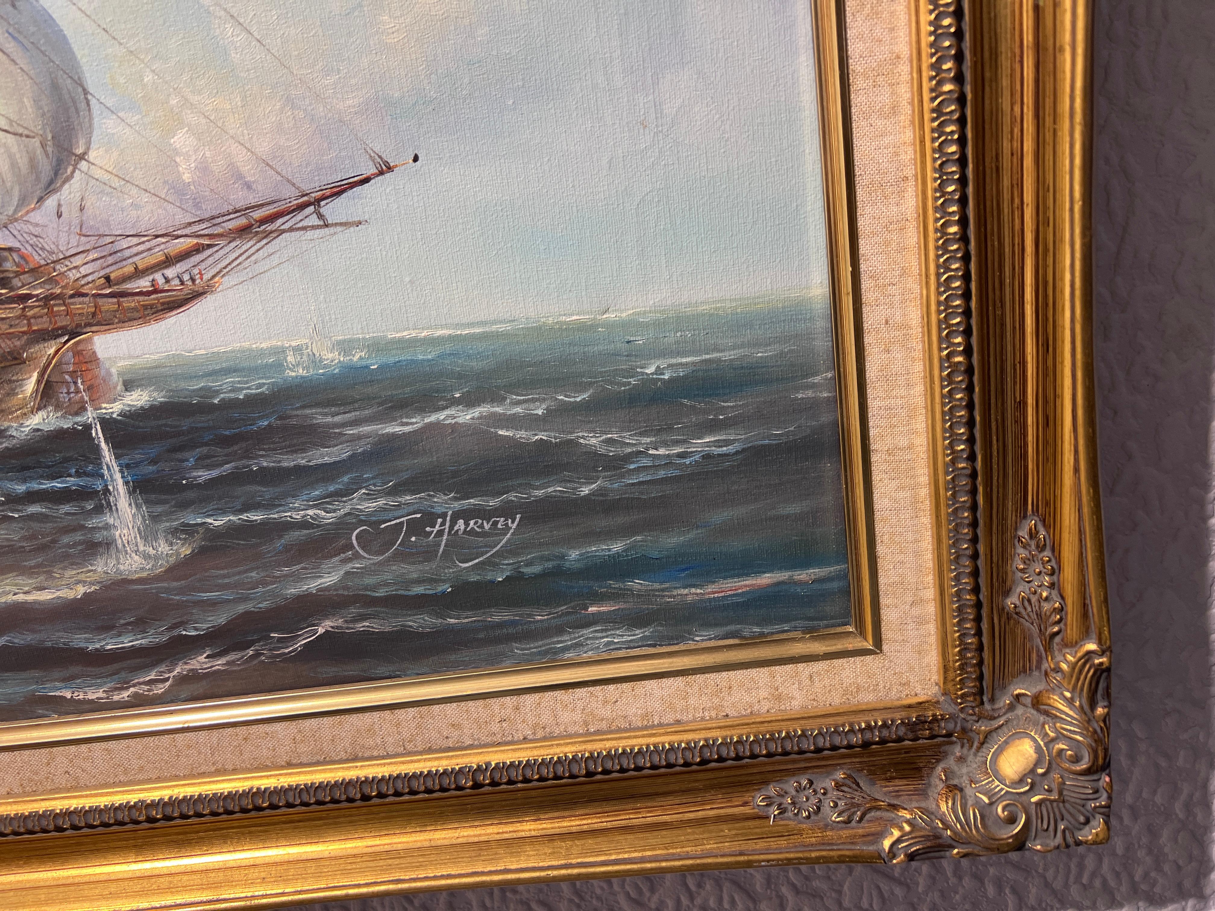 J.Harvey Large Oil painting on canvas, SHIPS BATTLE AT SEA, Signed, Framed For Sale 3