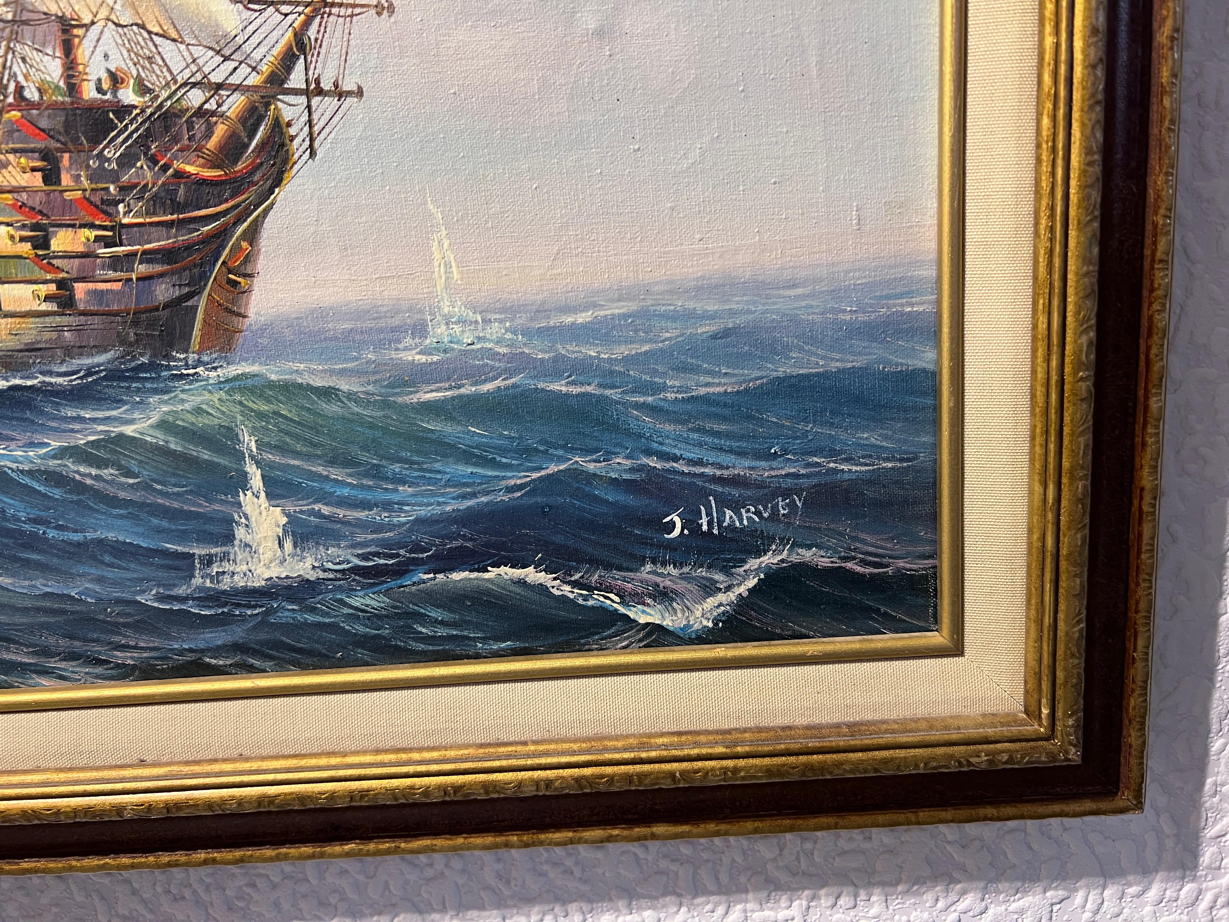 J.Harvey Large Oil painting on canvas, SHIPS BATTLE AT SEA, Signed, Framed 3