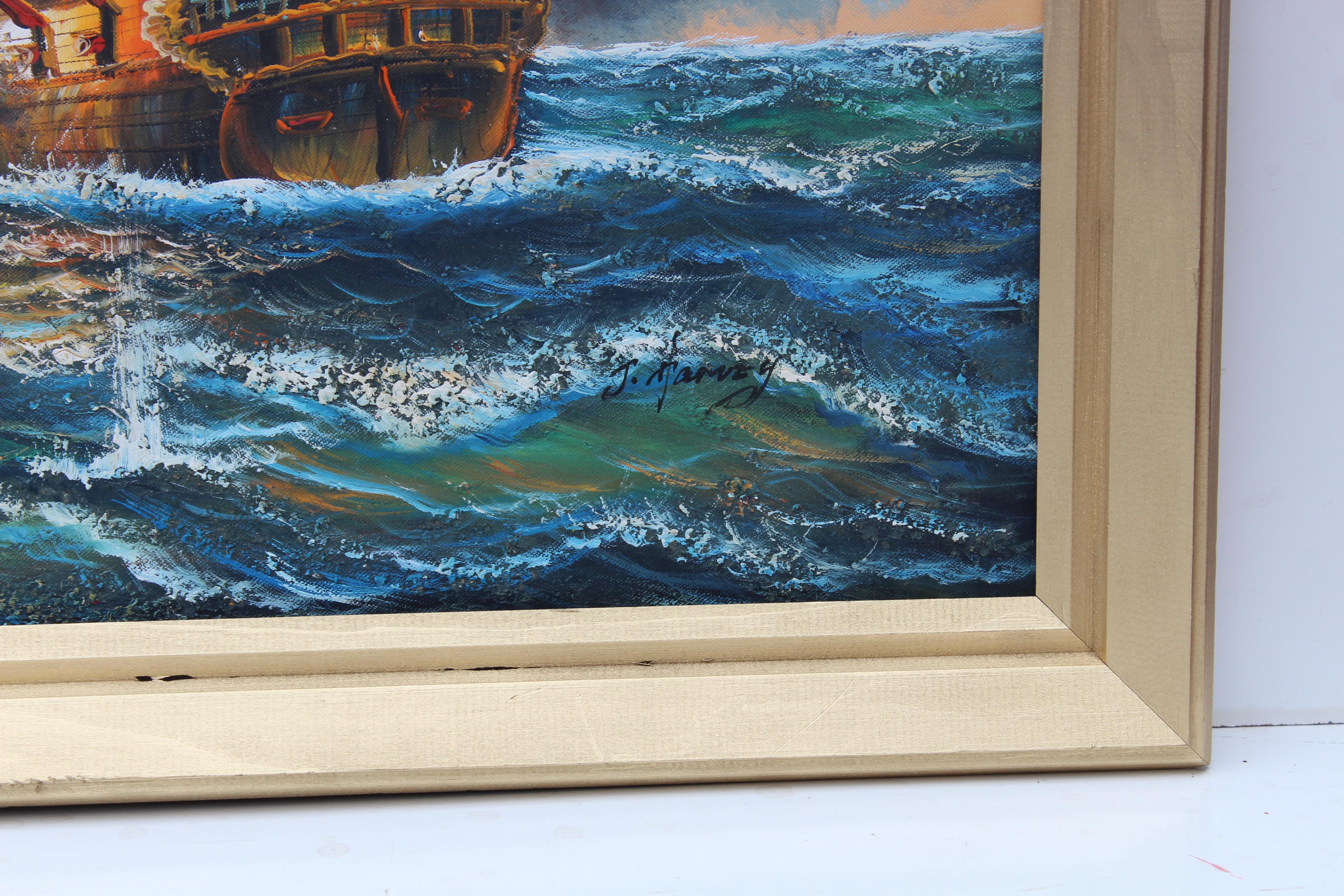 J.Harvey Gran cuadro al óleo sobre lienzo, BARCOS EN BATALLA EN EL MAR, Firmado, Enmarcado en venta 6