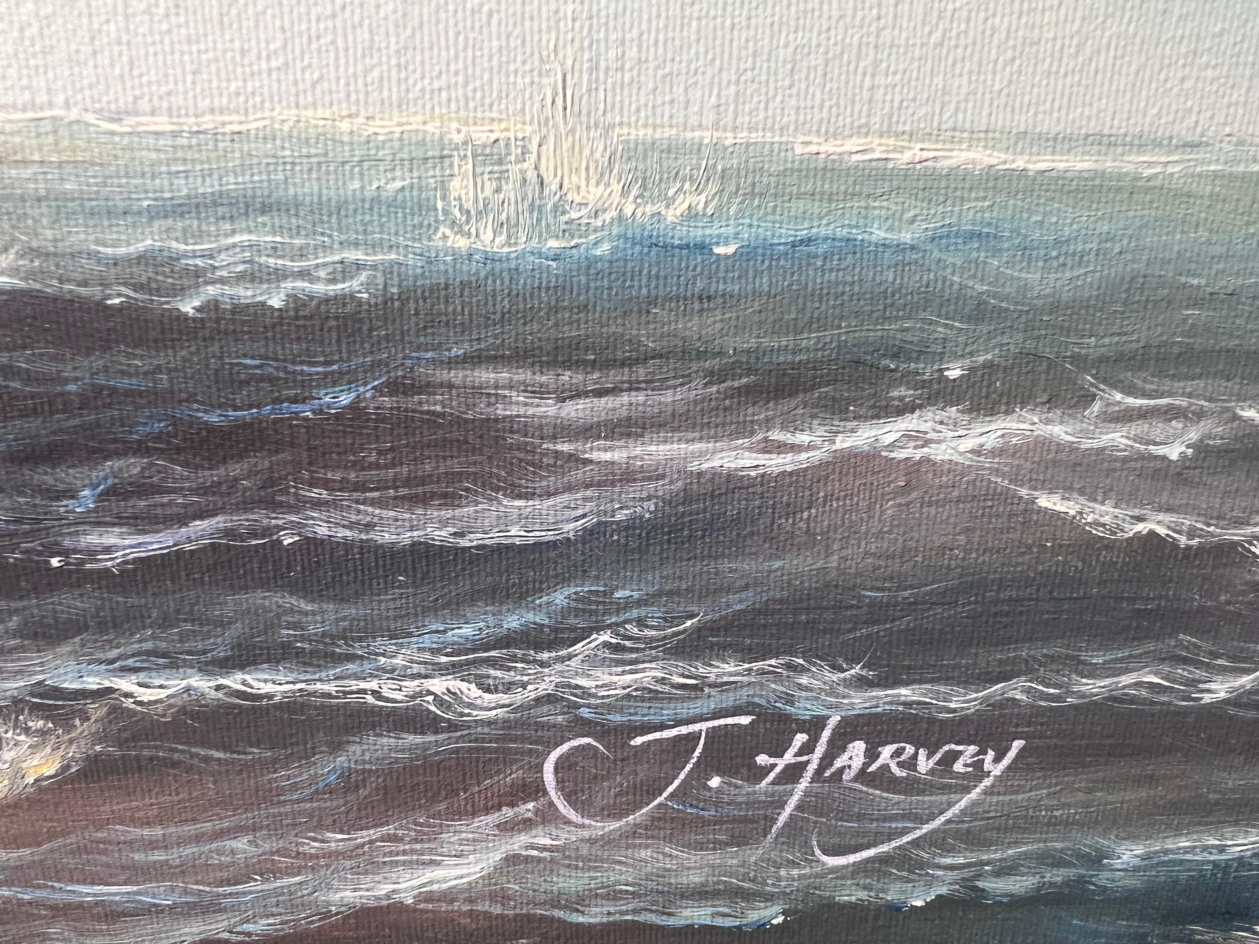 J.Harvey Large Oil painting on canvas, SHIPS BATTLE AT SEA, Signed, Framed For Sale 4