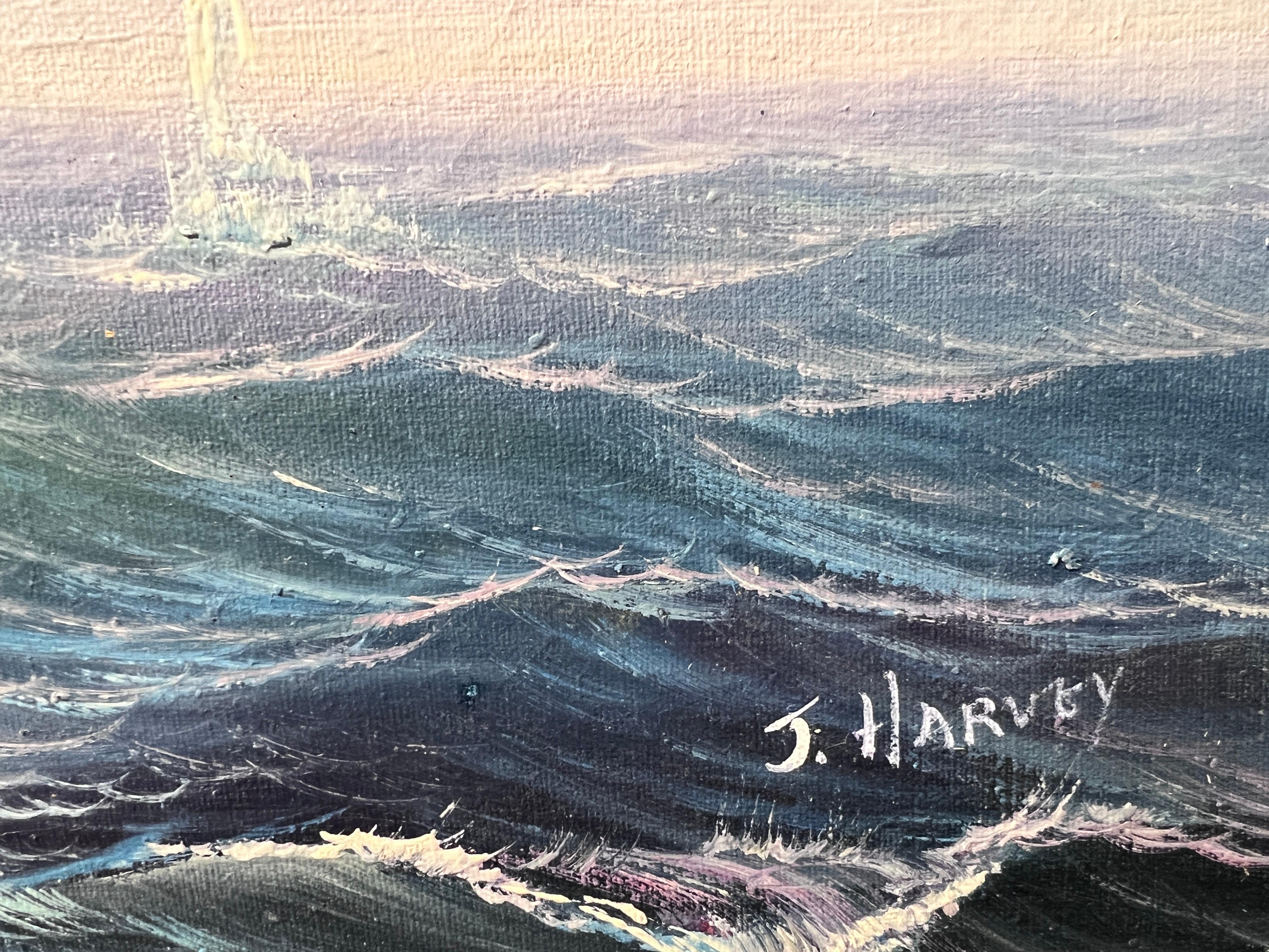 J.Harvey Large Oil painting on canvas, SHIPS BATTLE AT SEA, Signed, Framed 4