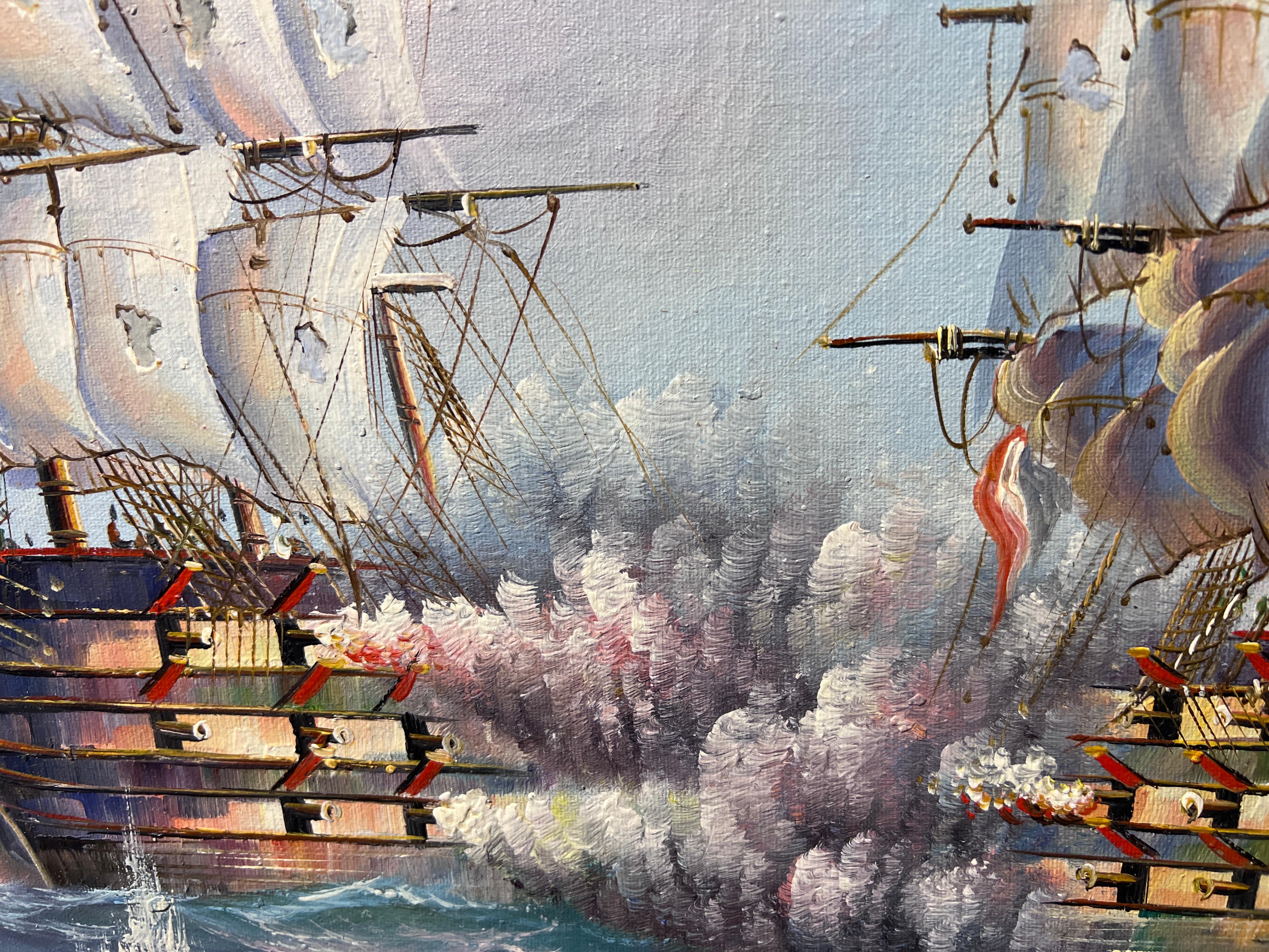 J.Harvey Large Oil painting on canvas, SHIPS BATTLE AT SEA, Signed, Framed 5