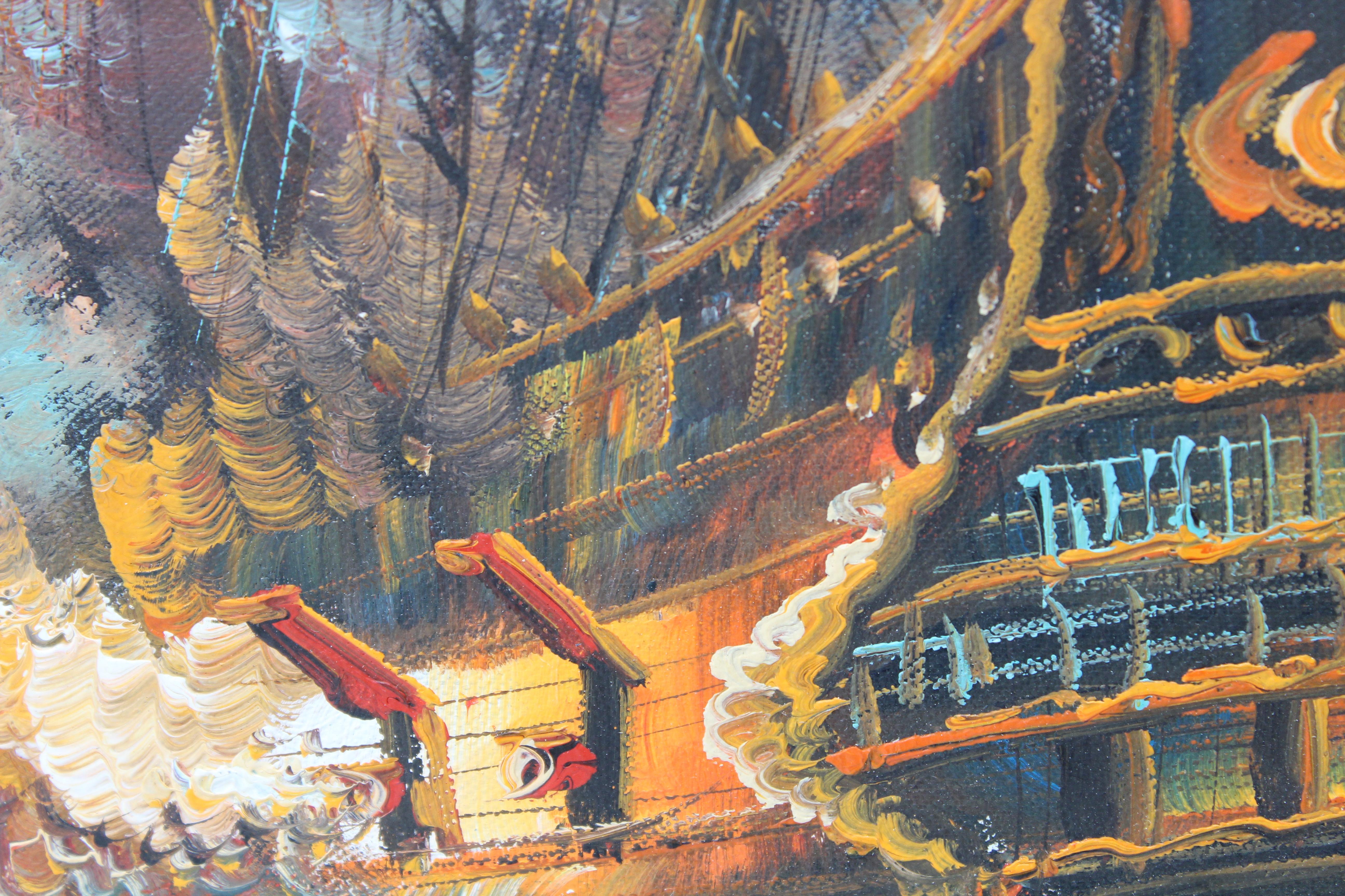 J.Harvey Gran cuadro al óleo sobre lienzo, BARCOS EN BATALLA EN EL MAR, Firmado, Enmarcado en venta 8