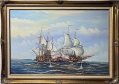 Retro J.Harvey Large Oil painting on canvas, SHIPS BATTLE AT SEA, Signed, Framed