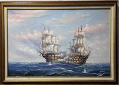 Vintage J.Harvey Large Oil painting on canvas, SHIPS BATTLE AT SEA, Signed, Framed