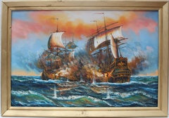 J.Harvey Large Oil painting on canvas, SHIPS BATTLE AT SEA, Signed, Framed