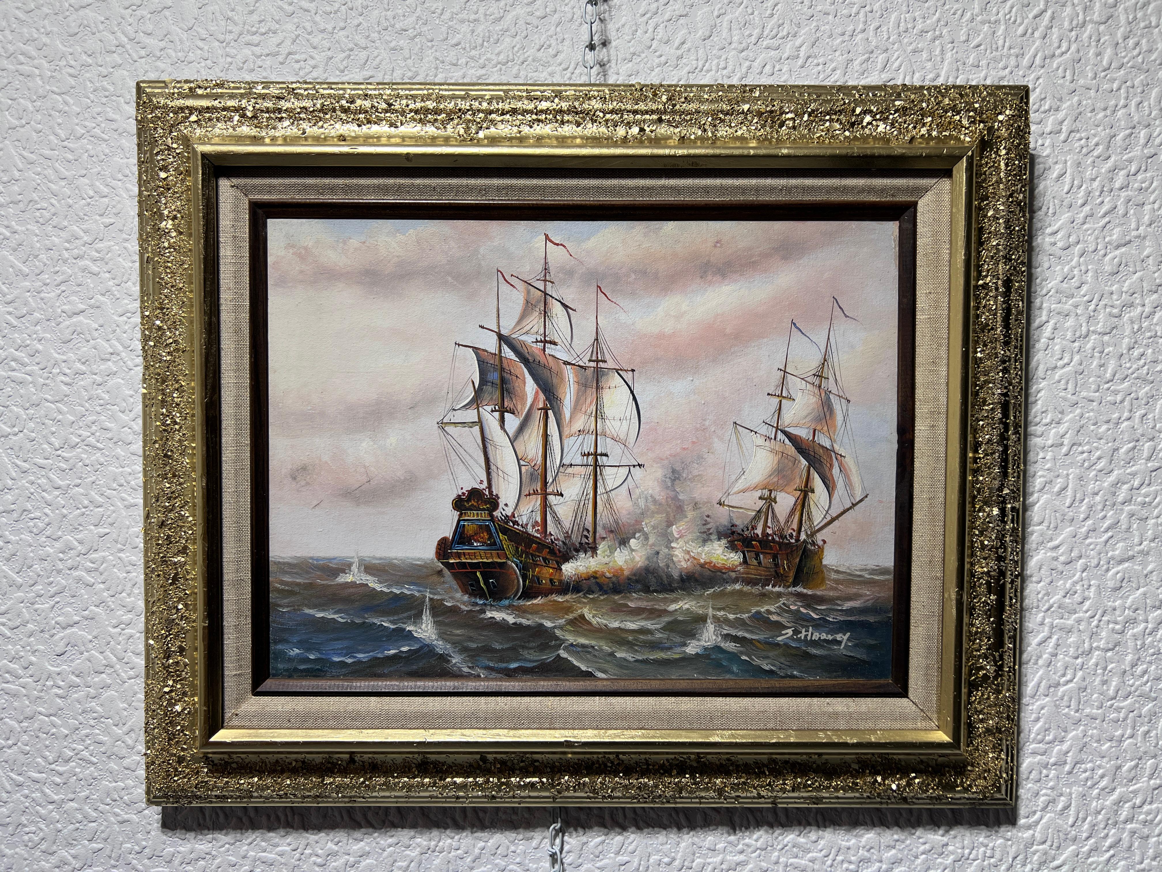 J.Harvey, Ölgemälde auf Leinwand, SHIPS BATTLE AT SEA, signiert, gerahmt im Angebot 1