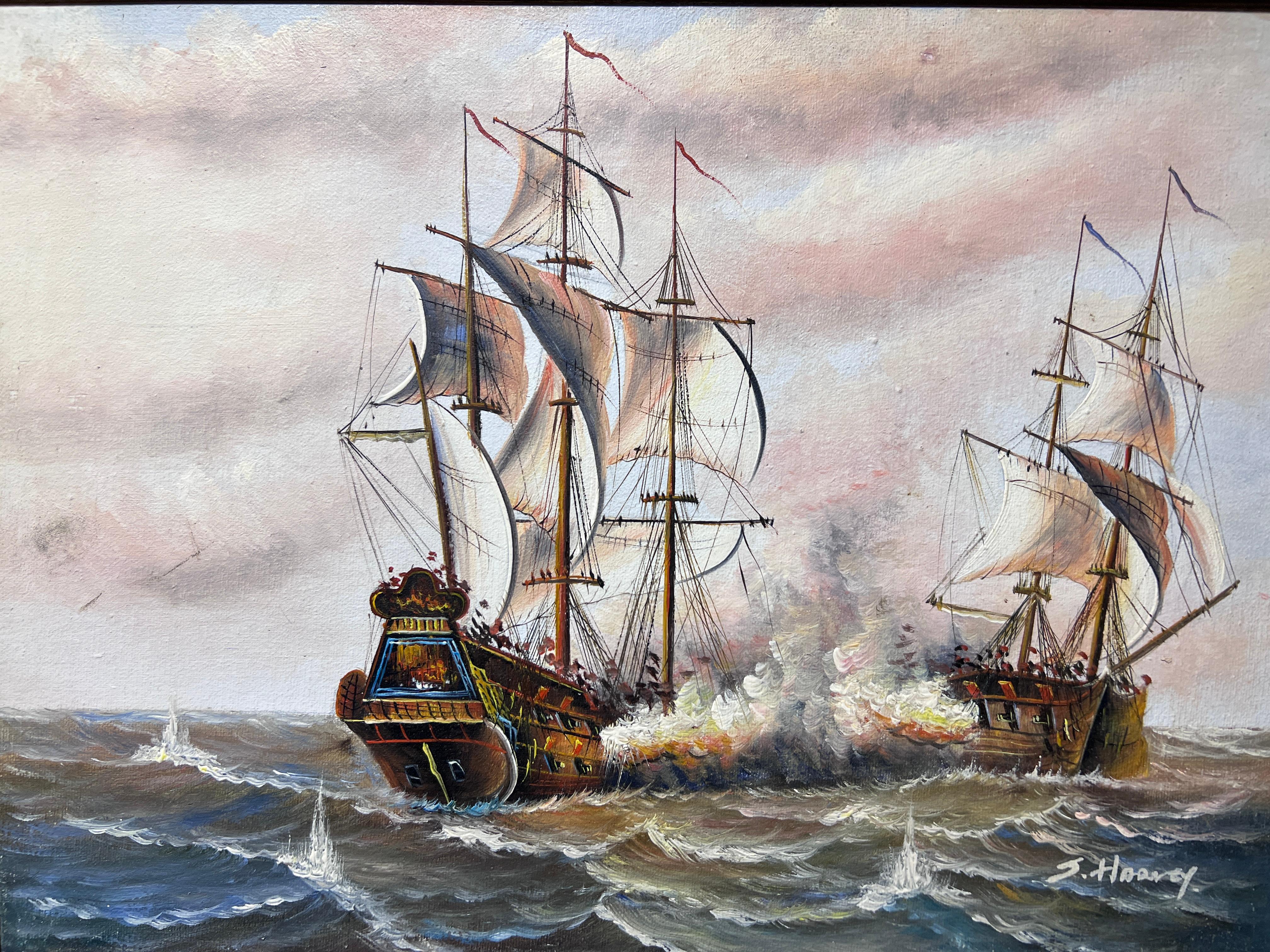 J.Harvey, Ölgemälde auf Leinwand, SHIPS BATTLE AT SEA, signiert, gerahmt im Angebot 2