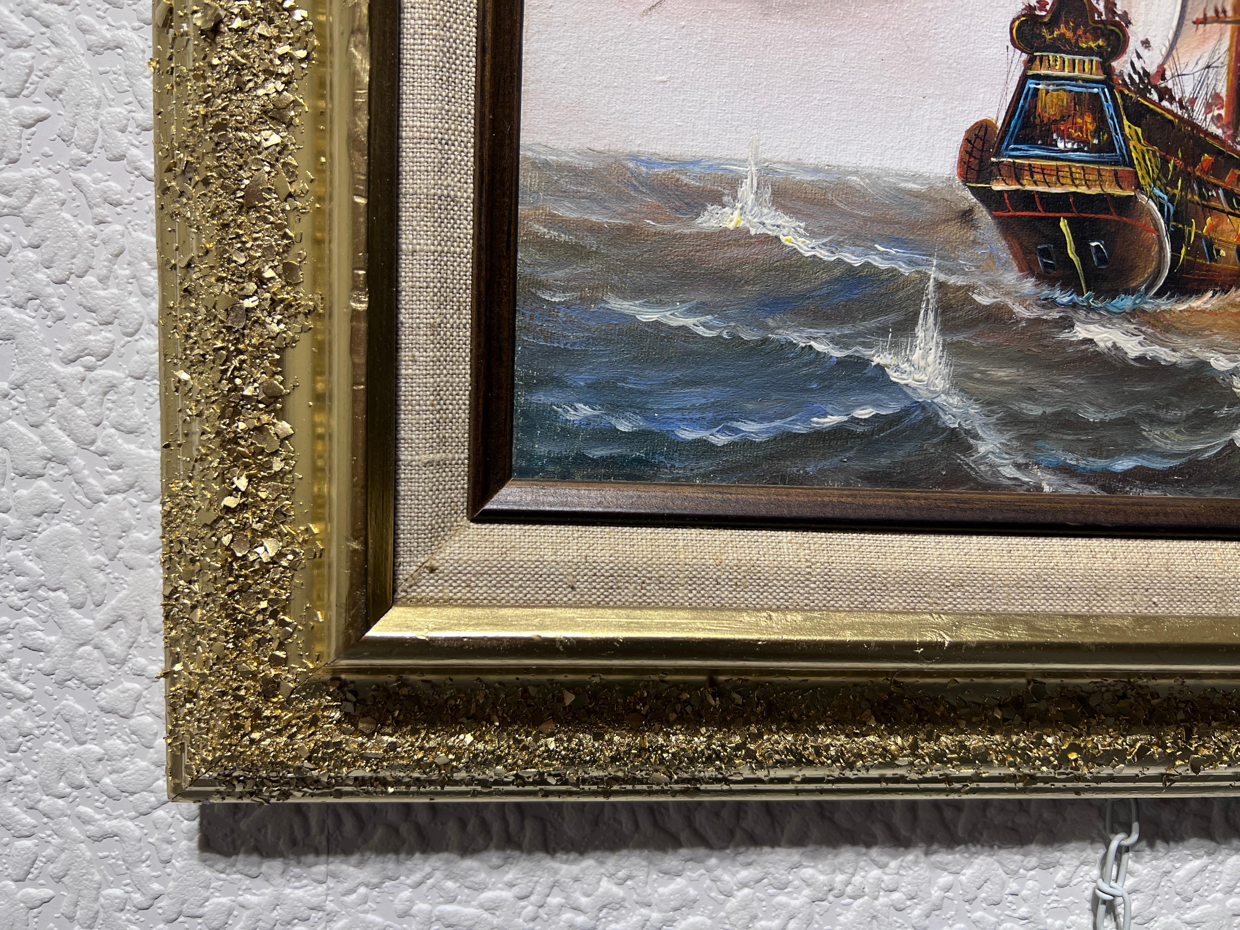 J.Harvey, Ölgemälde auf Leinwand, SHIPS BATTLE AT SEA, signiert, gerahmt im Angebot 3