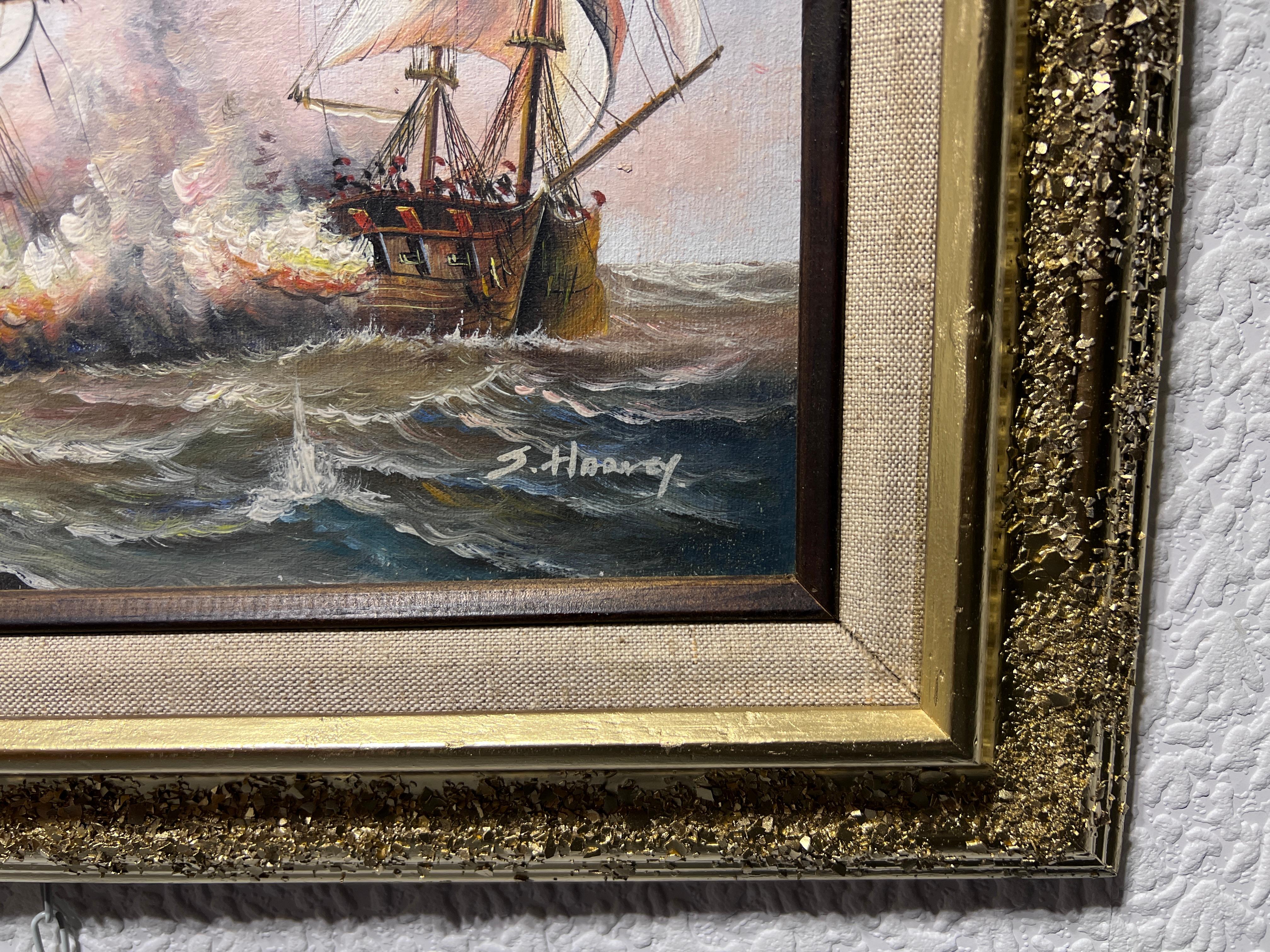 J.Harvey, Ölgemälde auf Leinwand, SHIPS BATTLE AT SEA, signiert, gerahmt im Angebot 6