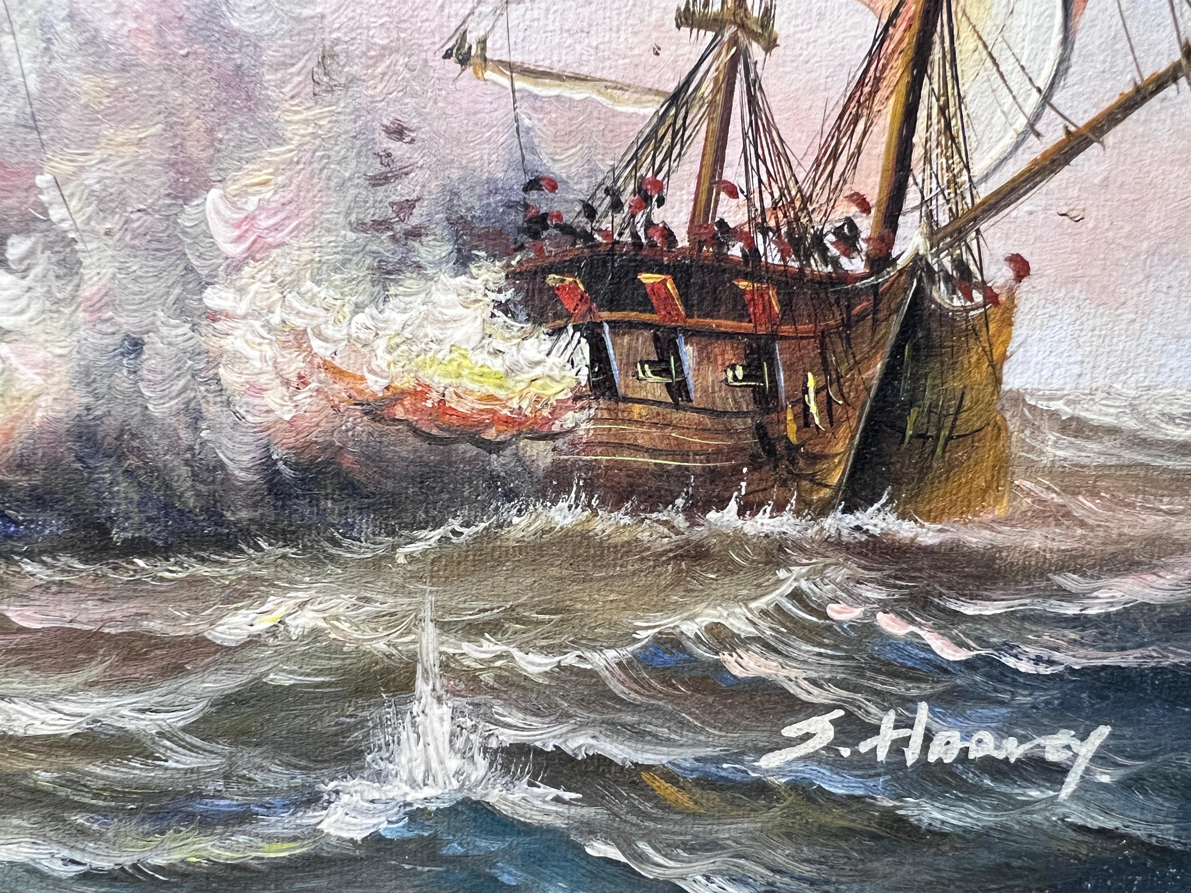 J.Harvey, Ölgemälde auf Leinwand, SHIPS BATTLE AT SEA, signiert, gerahmt im Angebot 7
