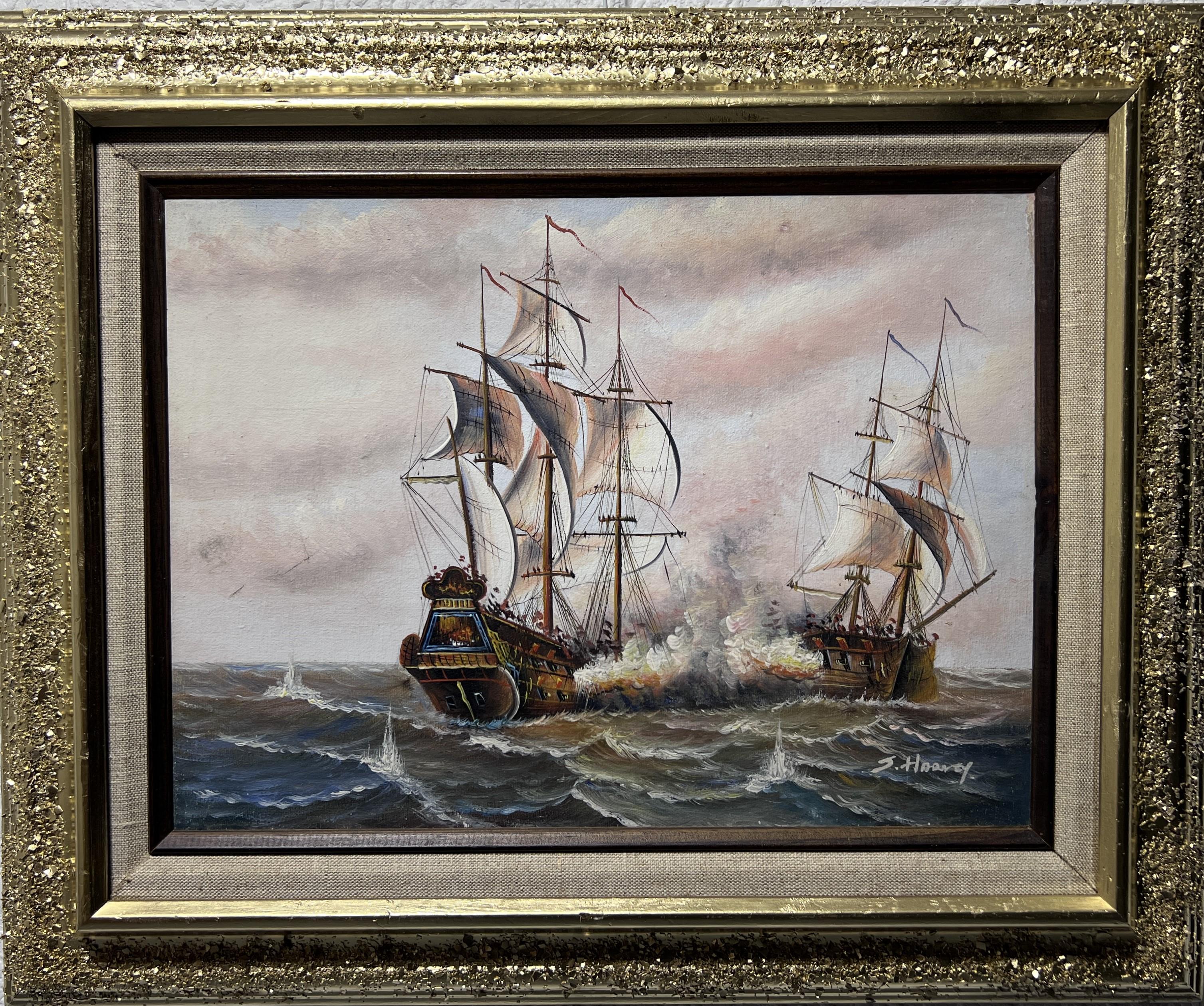 Dies ist ein original signiertes Ölgemälde auf Leinwand, das zwei Schiffe zeigt, die um den Ruhm kämpfen. 

Es ist eine ungewöhnliche maritime Szene, die dieses Gemälde sehr spektakulär macht. 

Bitte sehen Sie sich die Fotos an, sie sind Teil der