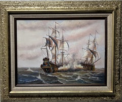 J.Harvey Oil painting on canvas, SHIPS BATTLE AT SEA, Signed, Framed